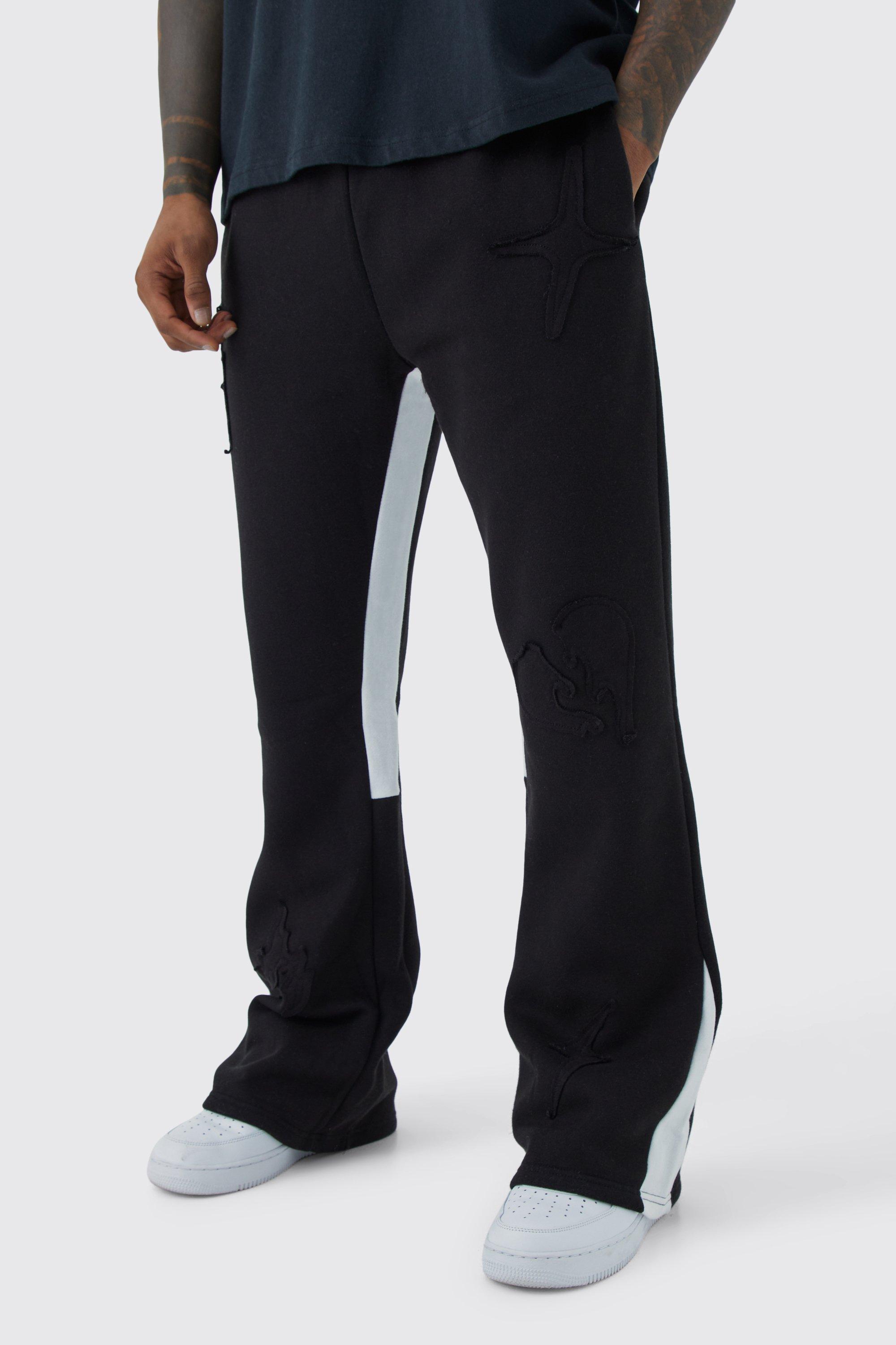 Mens Black Regular Fit Raw Applique Gusset Jogger, Black