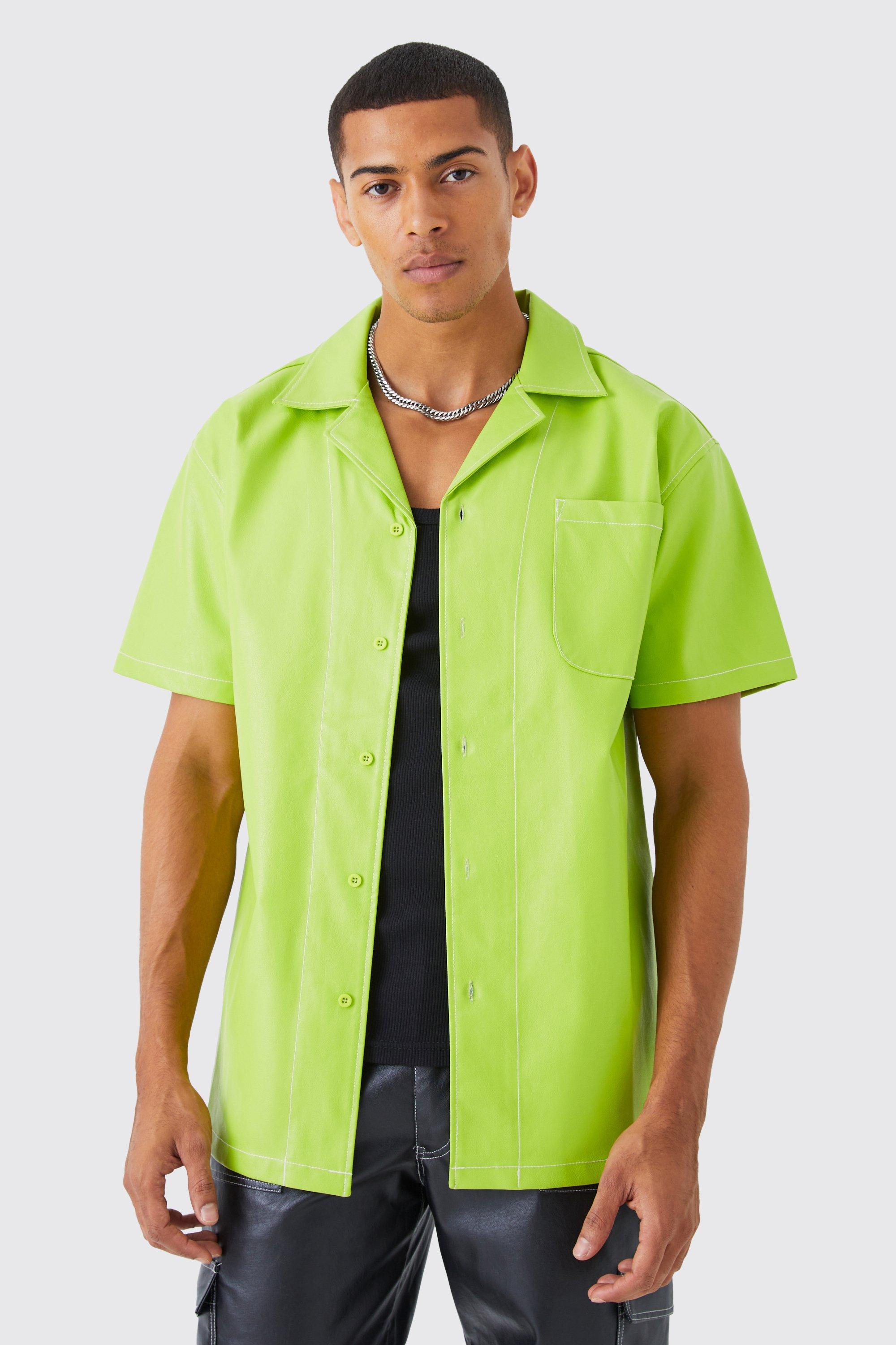 Mens Green Short Sleeve Oversized Contrast Stitch Pu Shirt, Green