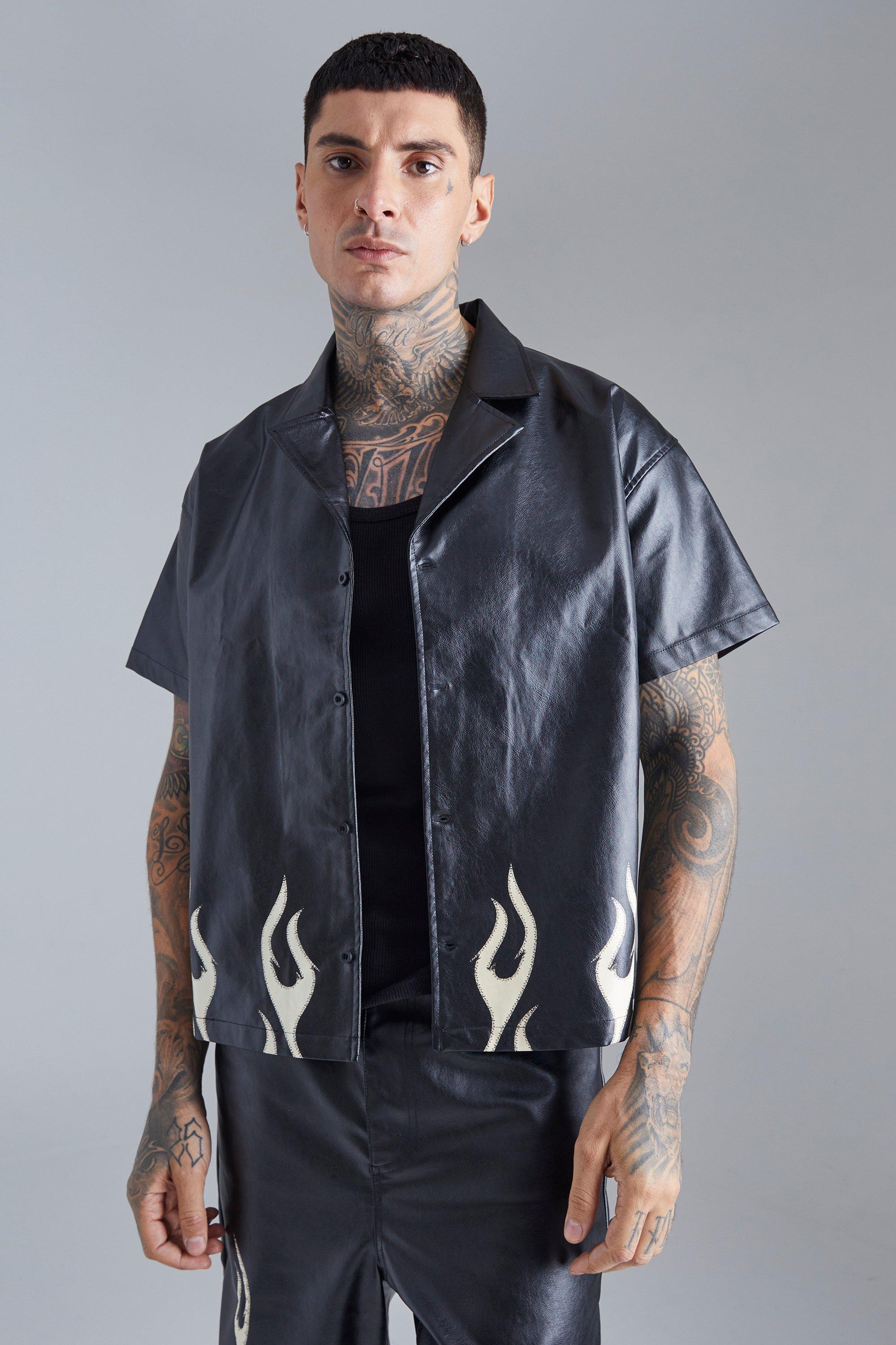 Mens Black Short Sleeve Boxy Flame Hem Shirt, Black