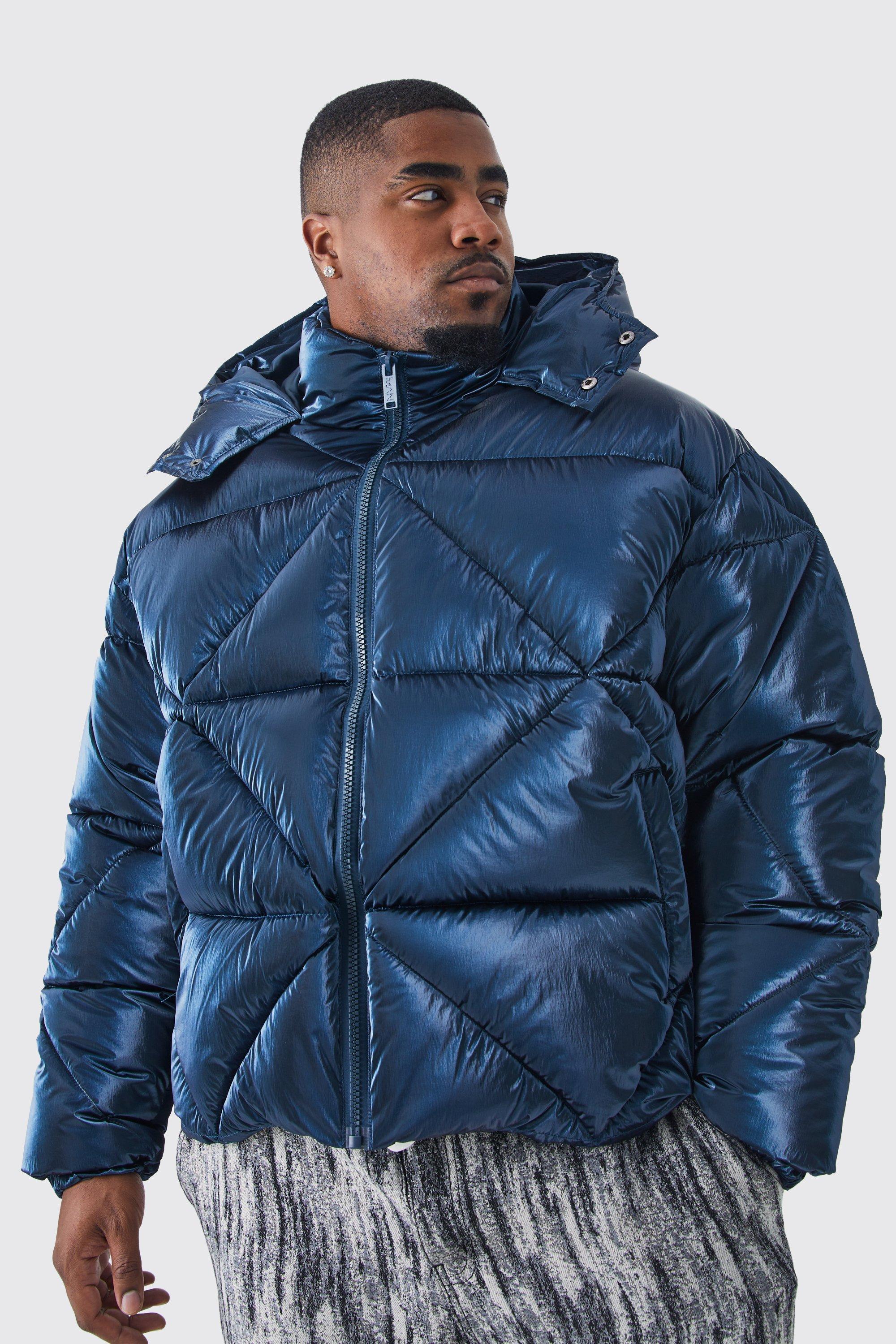 Mens Blue Plus Metallic Boxy Quilted Puffer, Blue