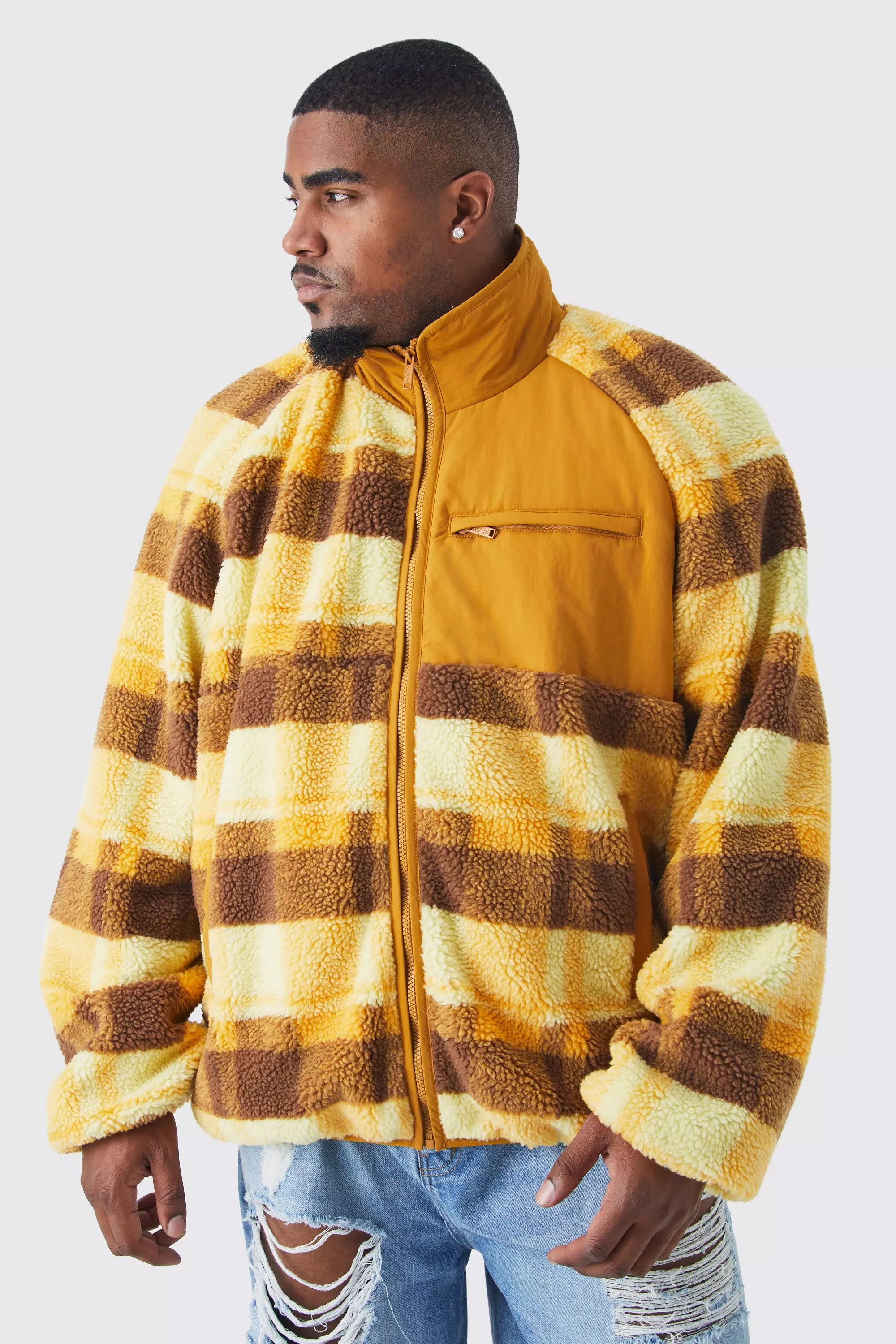 Plus Borg Check Print Jacket With Nylon Panel | boohooMAN USA