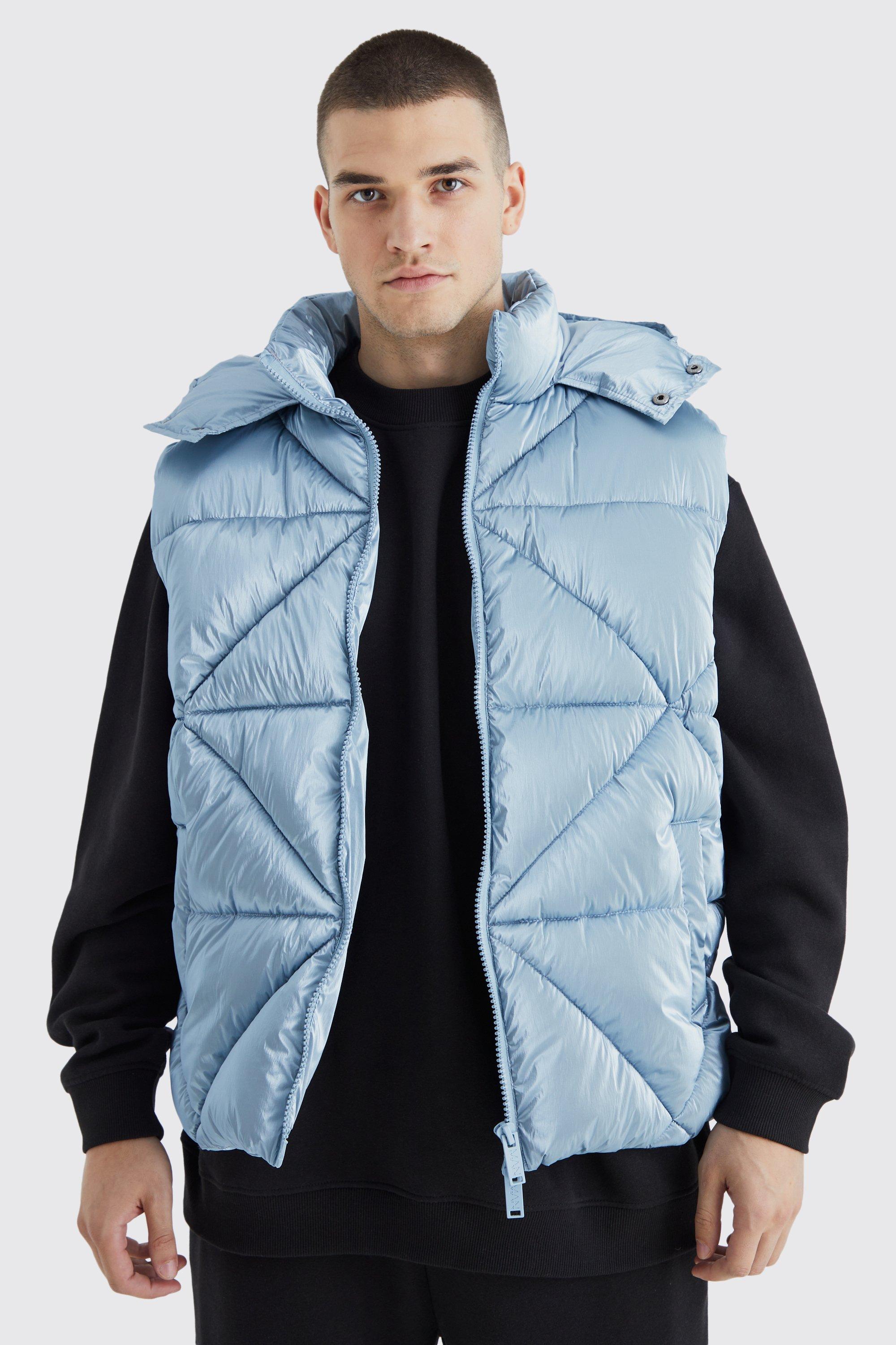 Mens Blue Tall Metallic Quilted Gilet With Hood, Blue