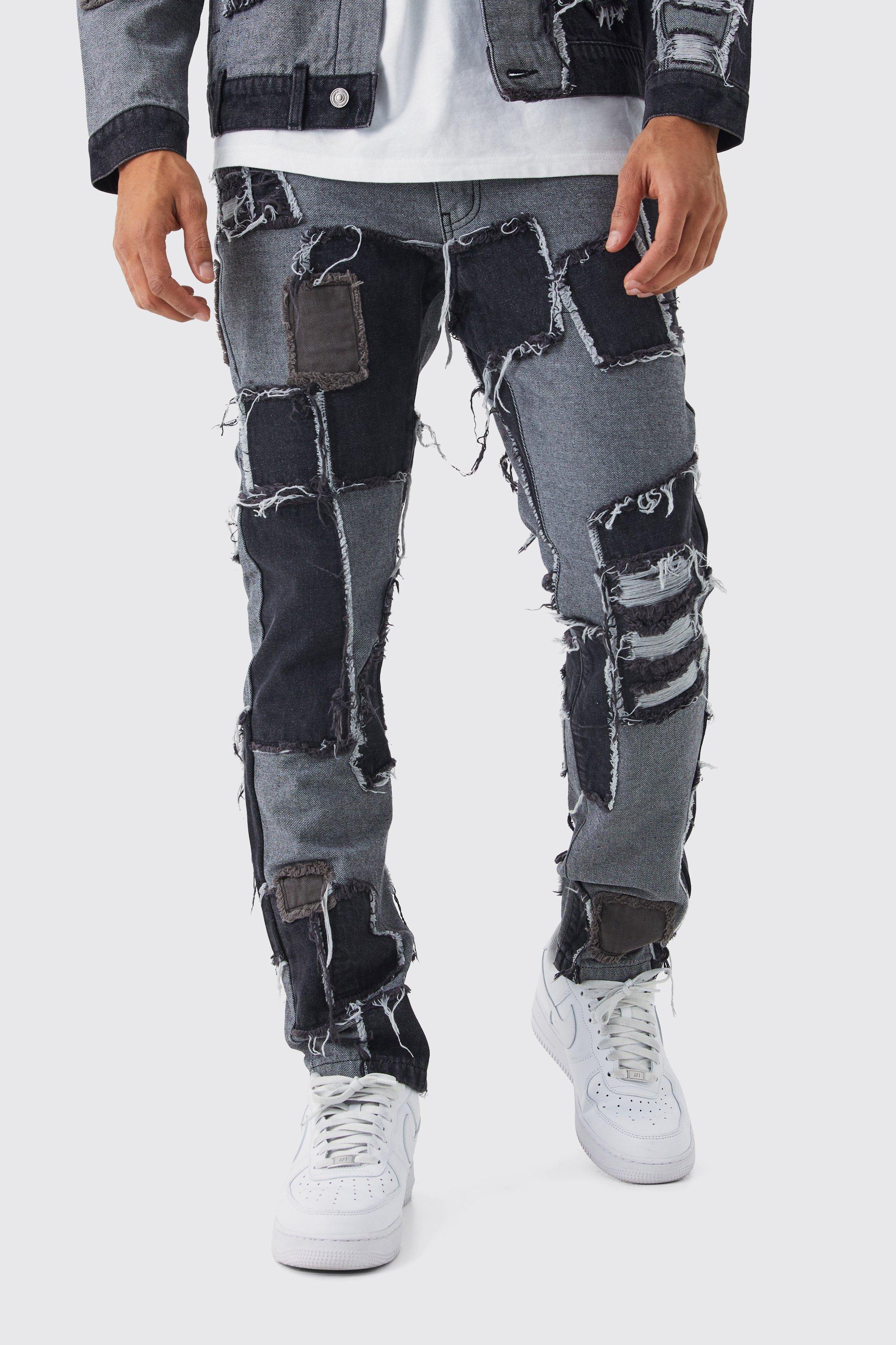 Image of Jeans dritti in denim rivisitati in fantasia effetto patchwork, Nero