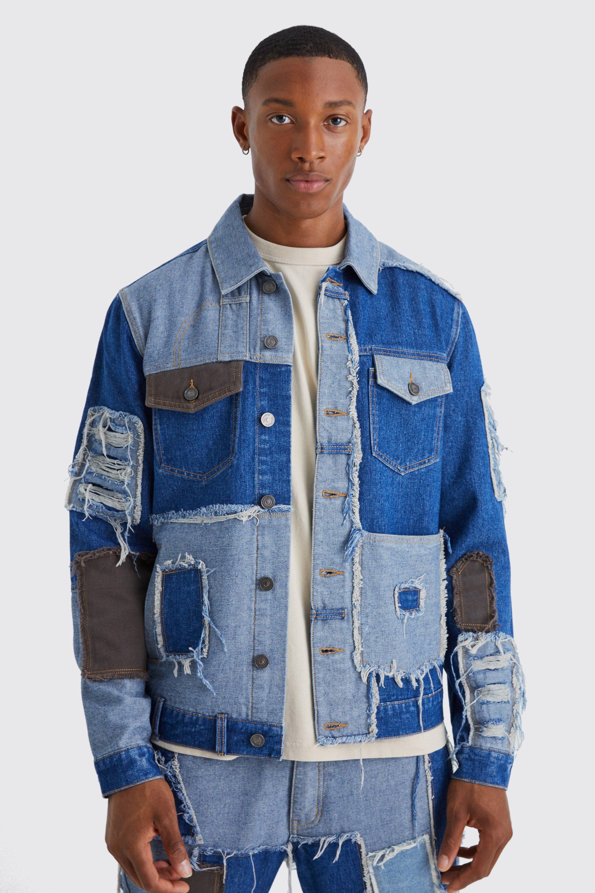 Image of Giacca in denim effetto patchwork, Azzurro