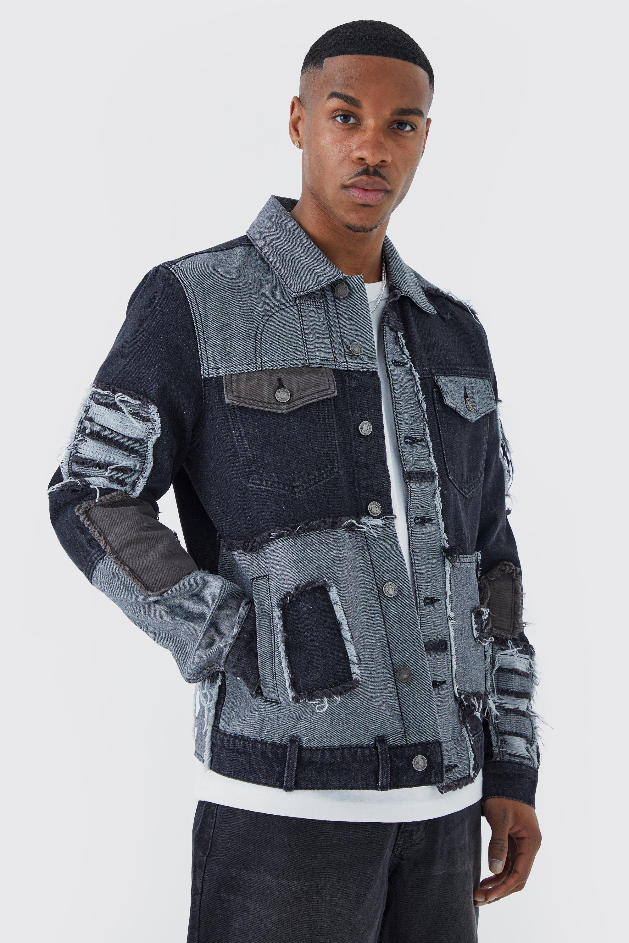 Image of Giacca in denim effetto patchwork, Nero