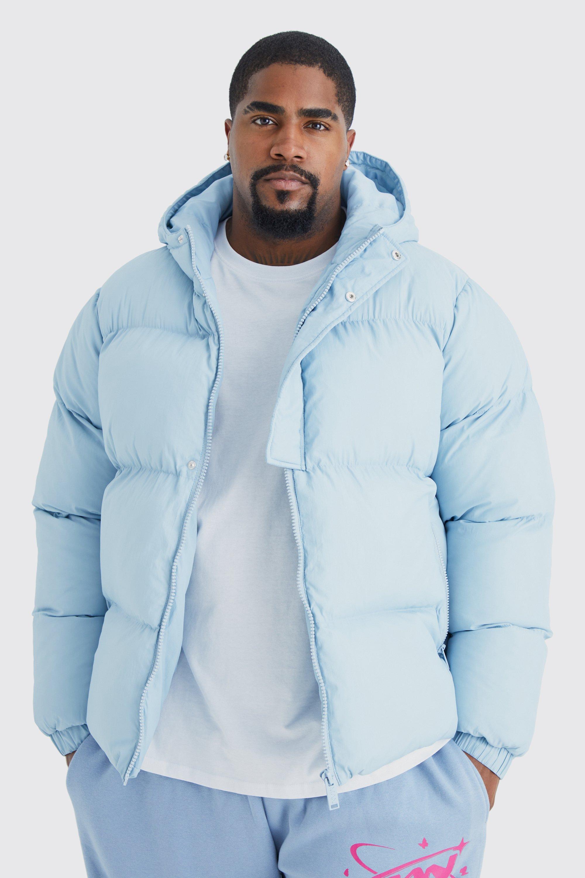 Mens Blue Plus Boxy Hooded Puffer With Half Placket, Blue
