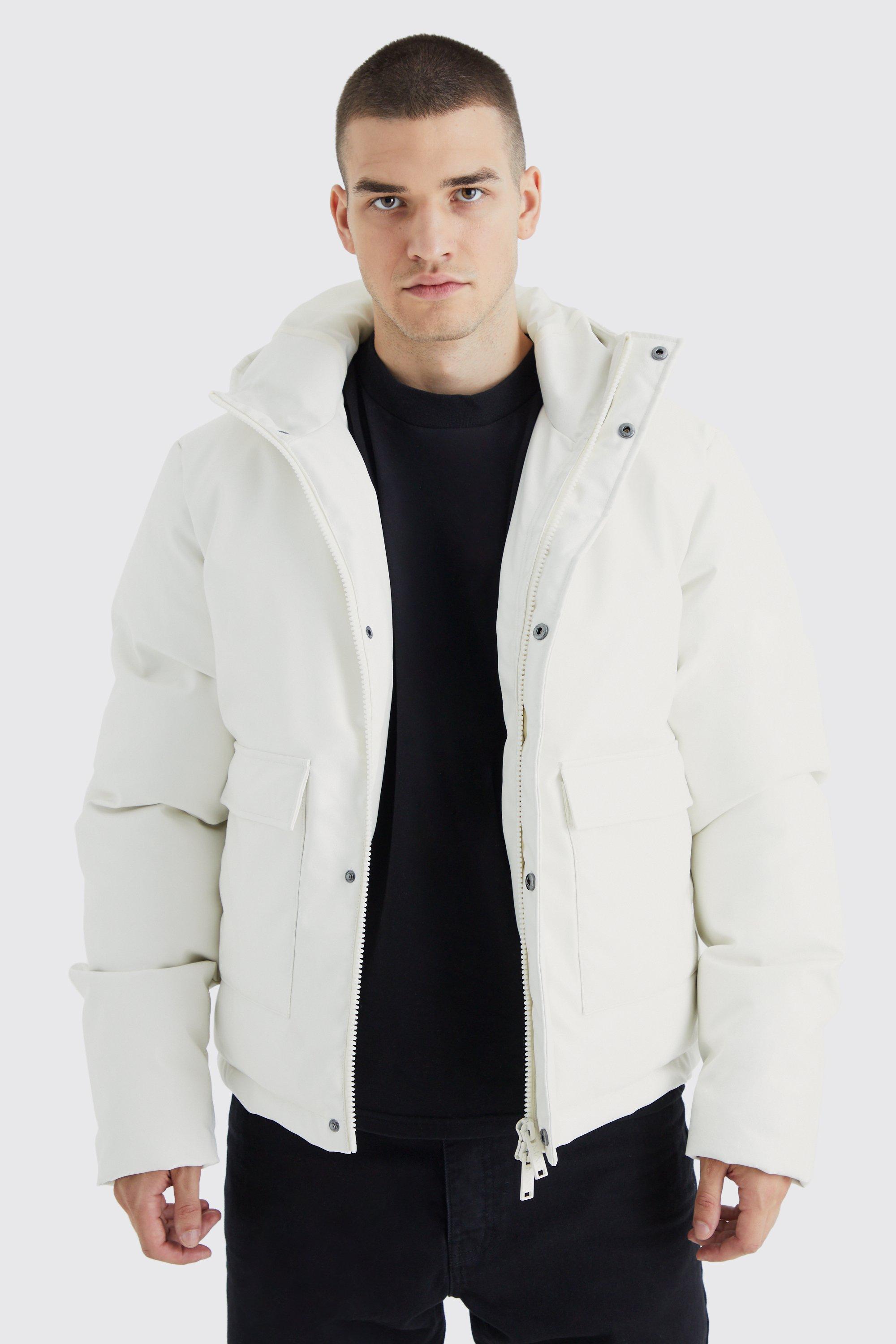 Mens Cream Tall Boxy Pu Hooded Puffer With Pockets, Cream