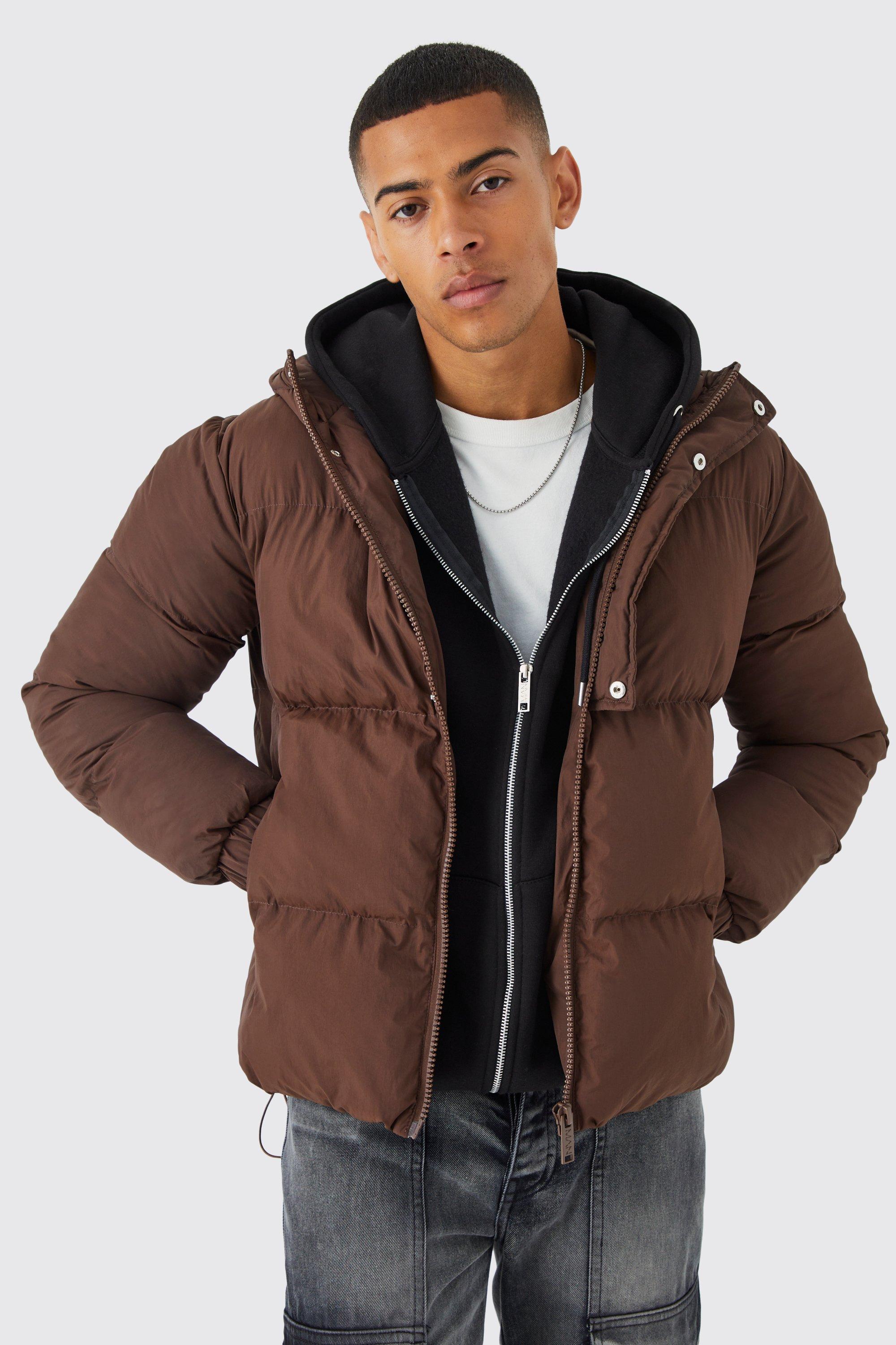 Mens Brown Boxy Hooded Puffer With Half Placket, Brown
