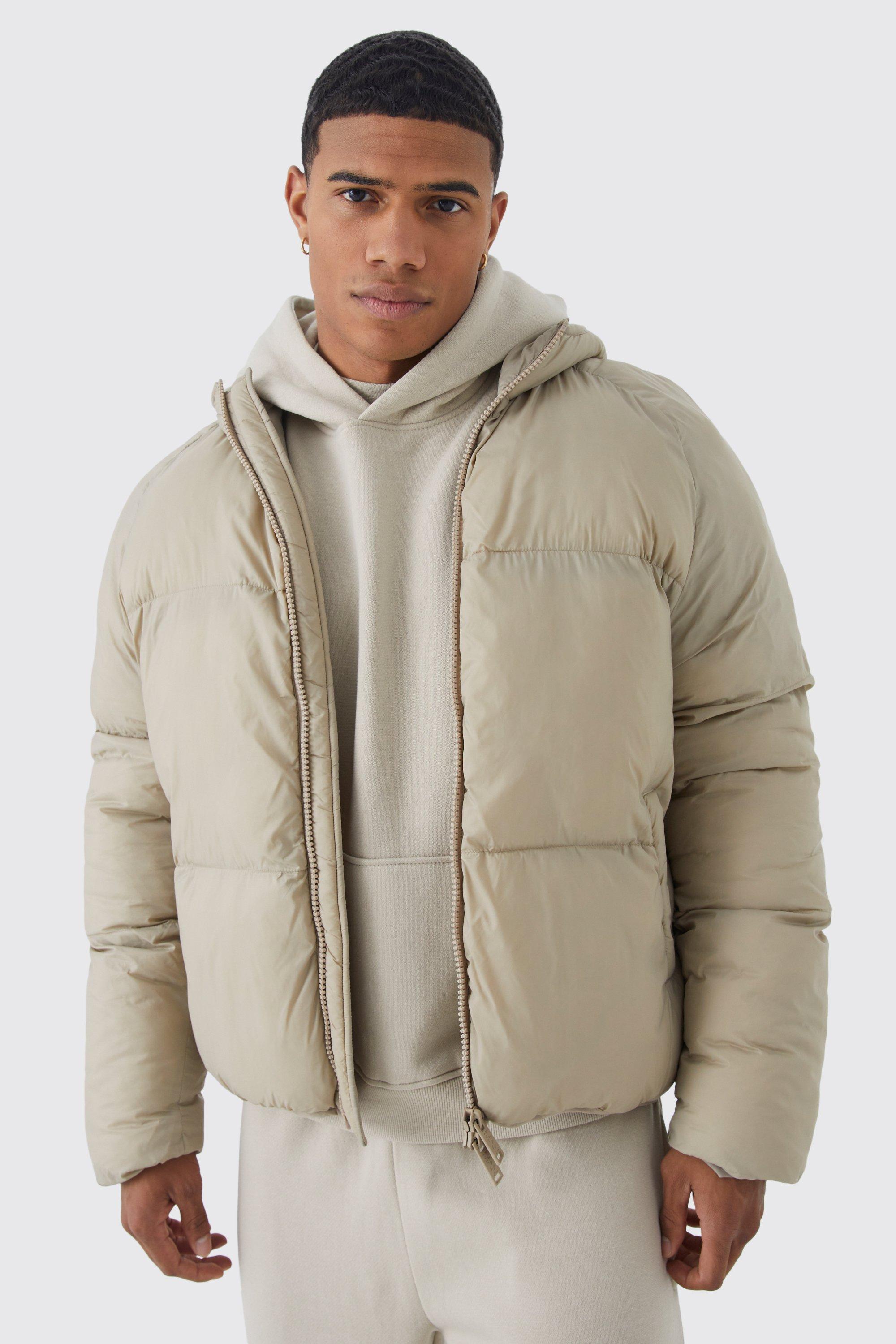 Mens Beige Sheen Quilted Nylon Puffer With Hood, Beige