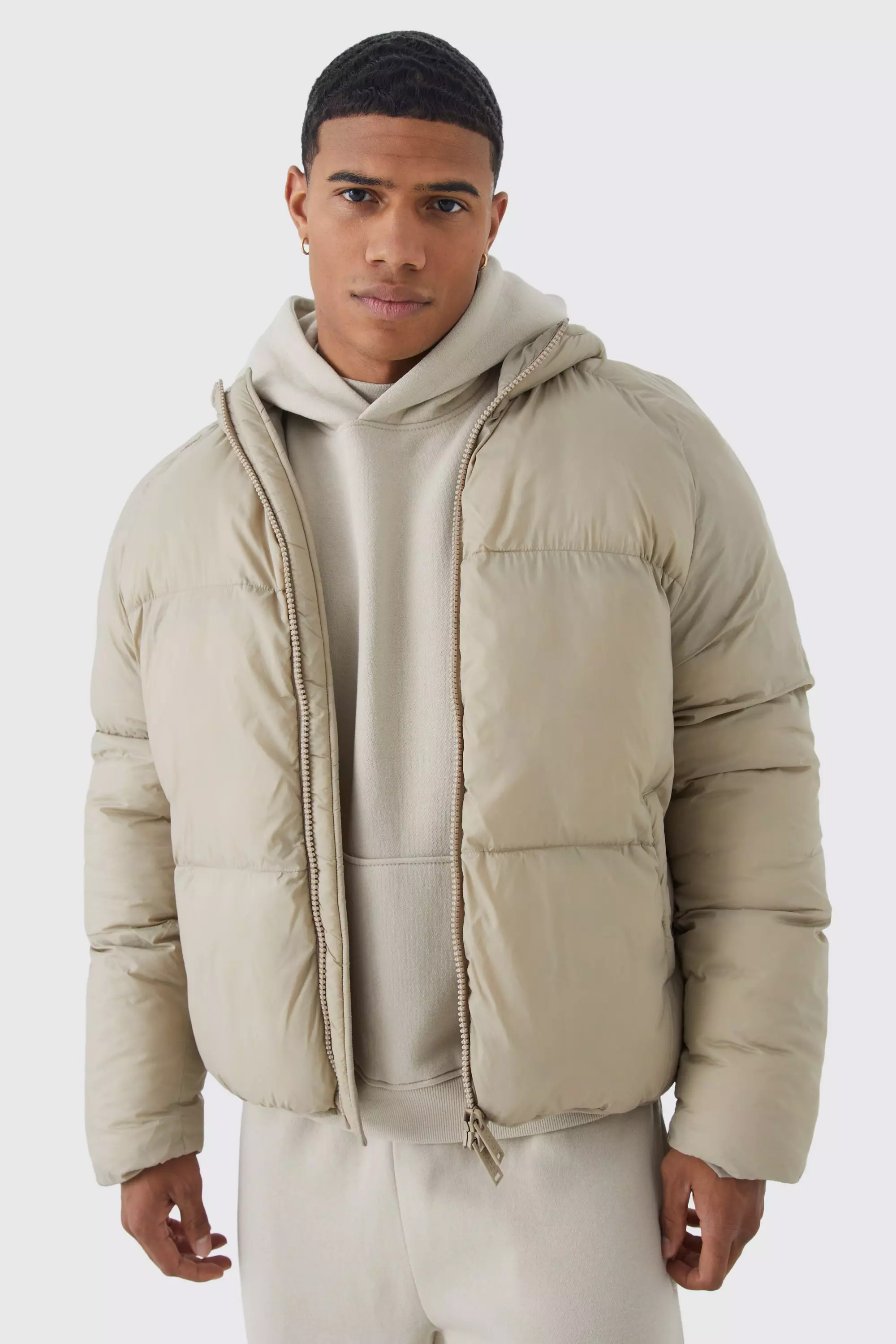 Sheen Quilted Nylon Puffer With Hood | boohooMAN USA