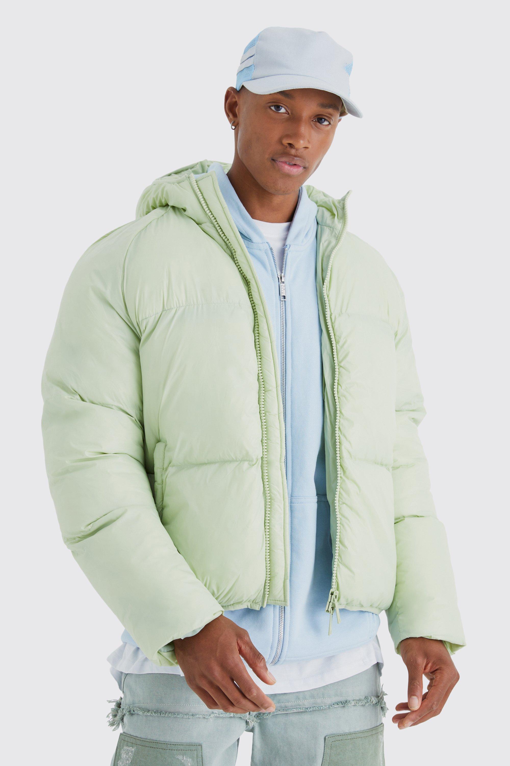 Mens Green Sheen Quilted Nylon Puffer With Hood, Green