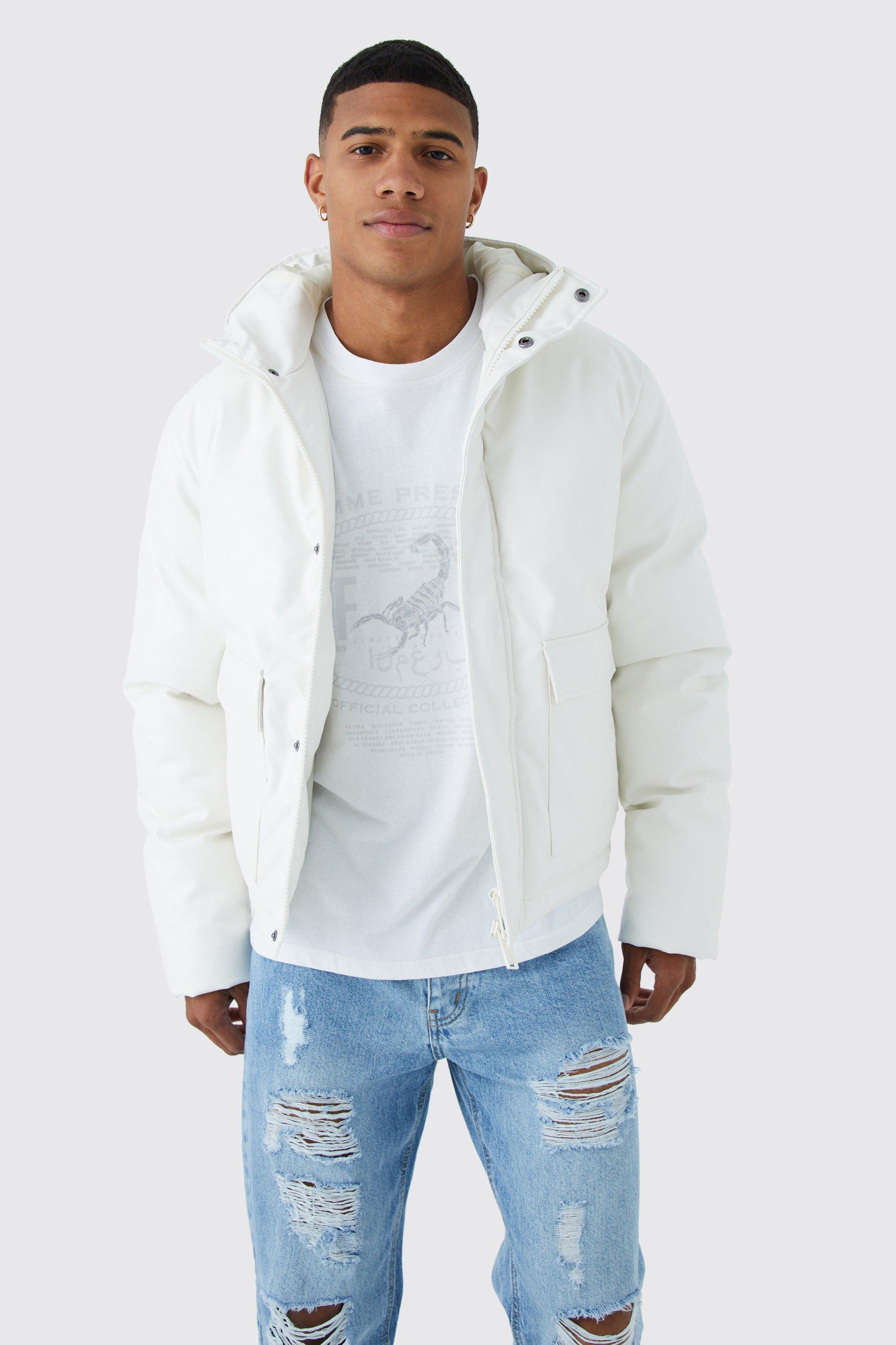Mens Cream Boxy Pu Hooded Puffer With Pockets, Cream