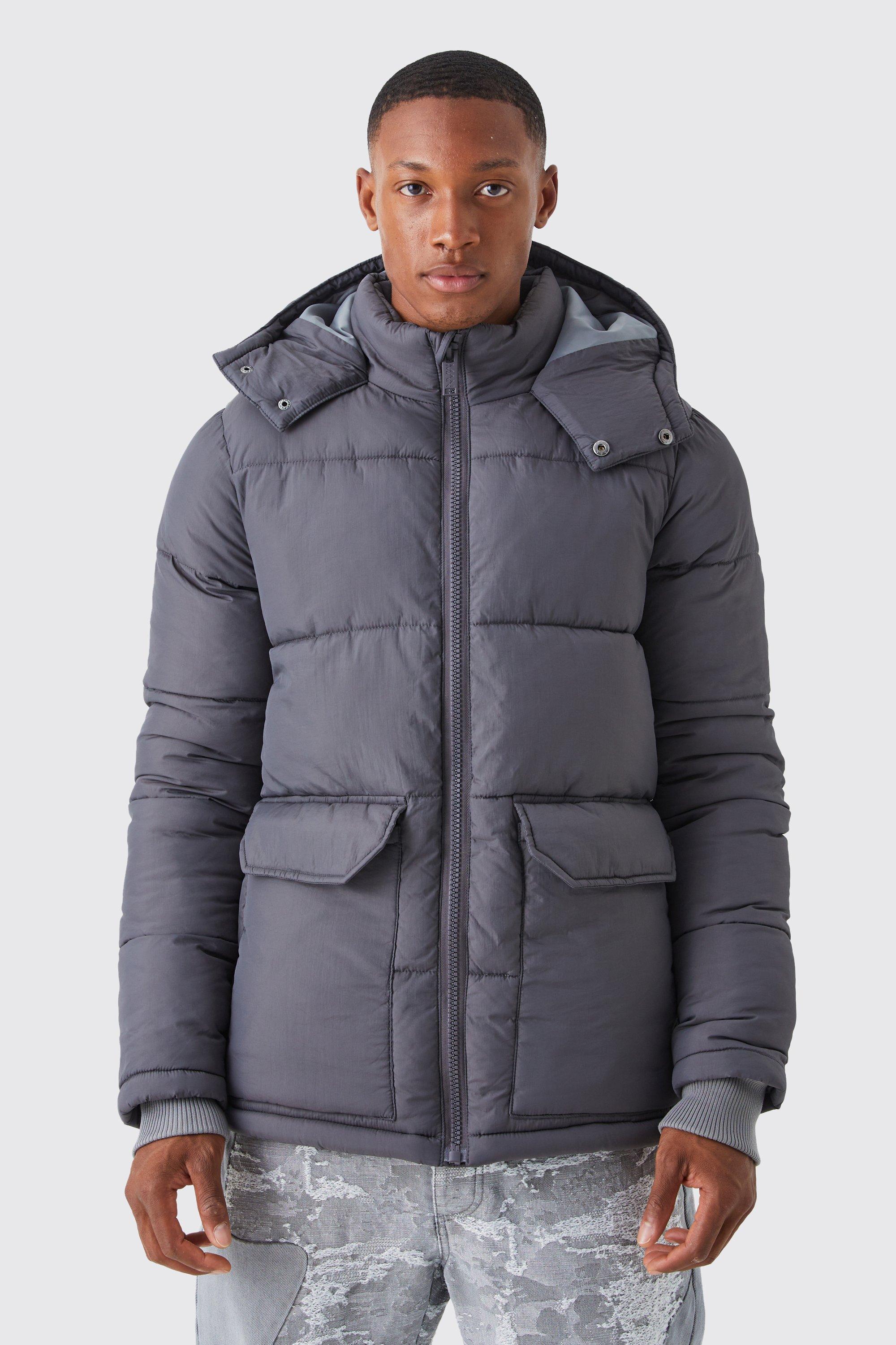 Mens Grey Contrast Hood Mid Length Puffer, Grey