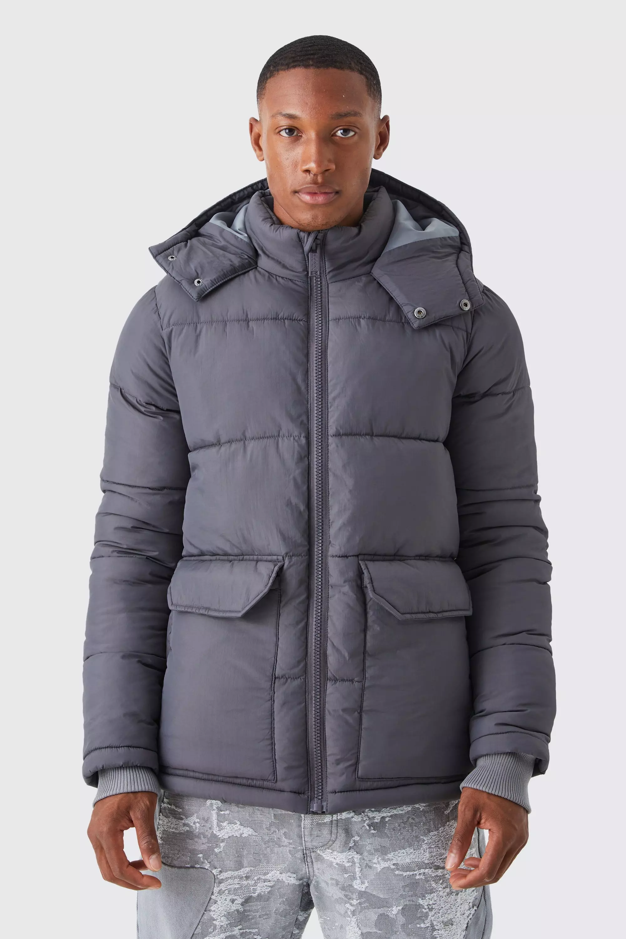 Mens mid length puffer hot sale jacket