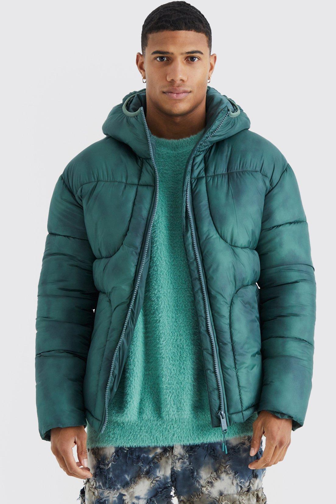 Mens Green Tie Dye Quilted Puffer With Hood, Green