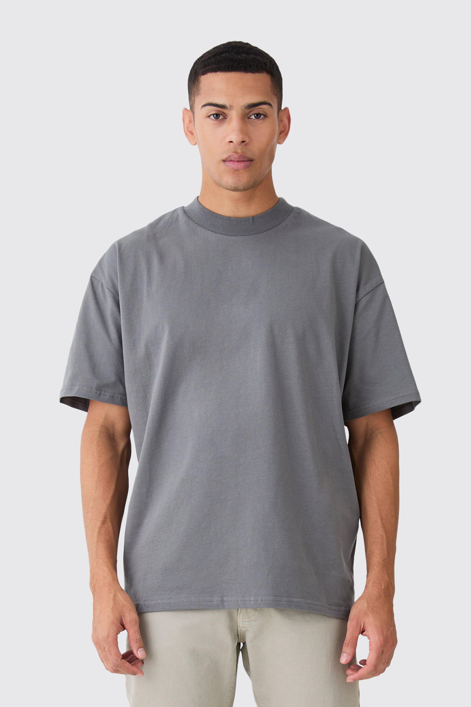 Mens Grey Oversized Extended Neck Heavy T-shirt, Grey