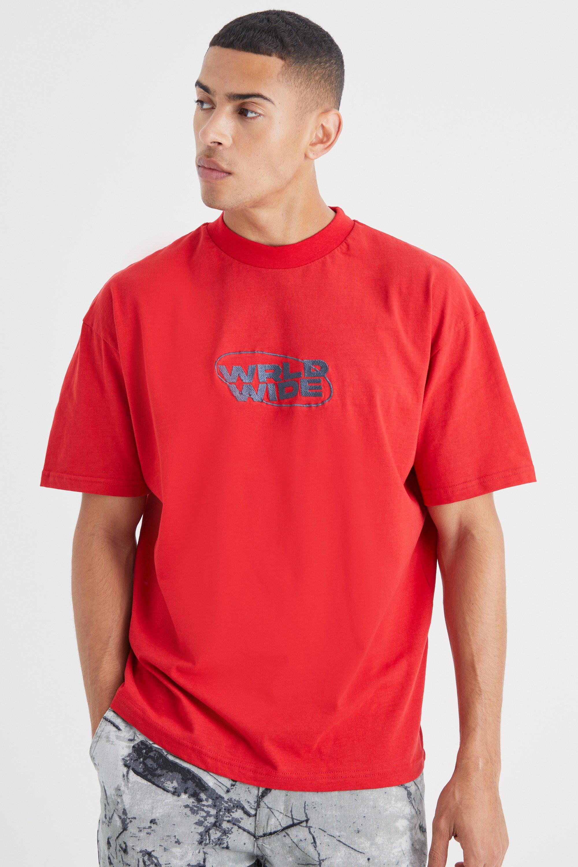 Mens Oversized Heavy Embroidered Worldwide T-shirt, Red