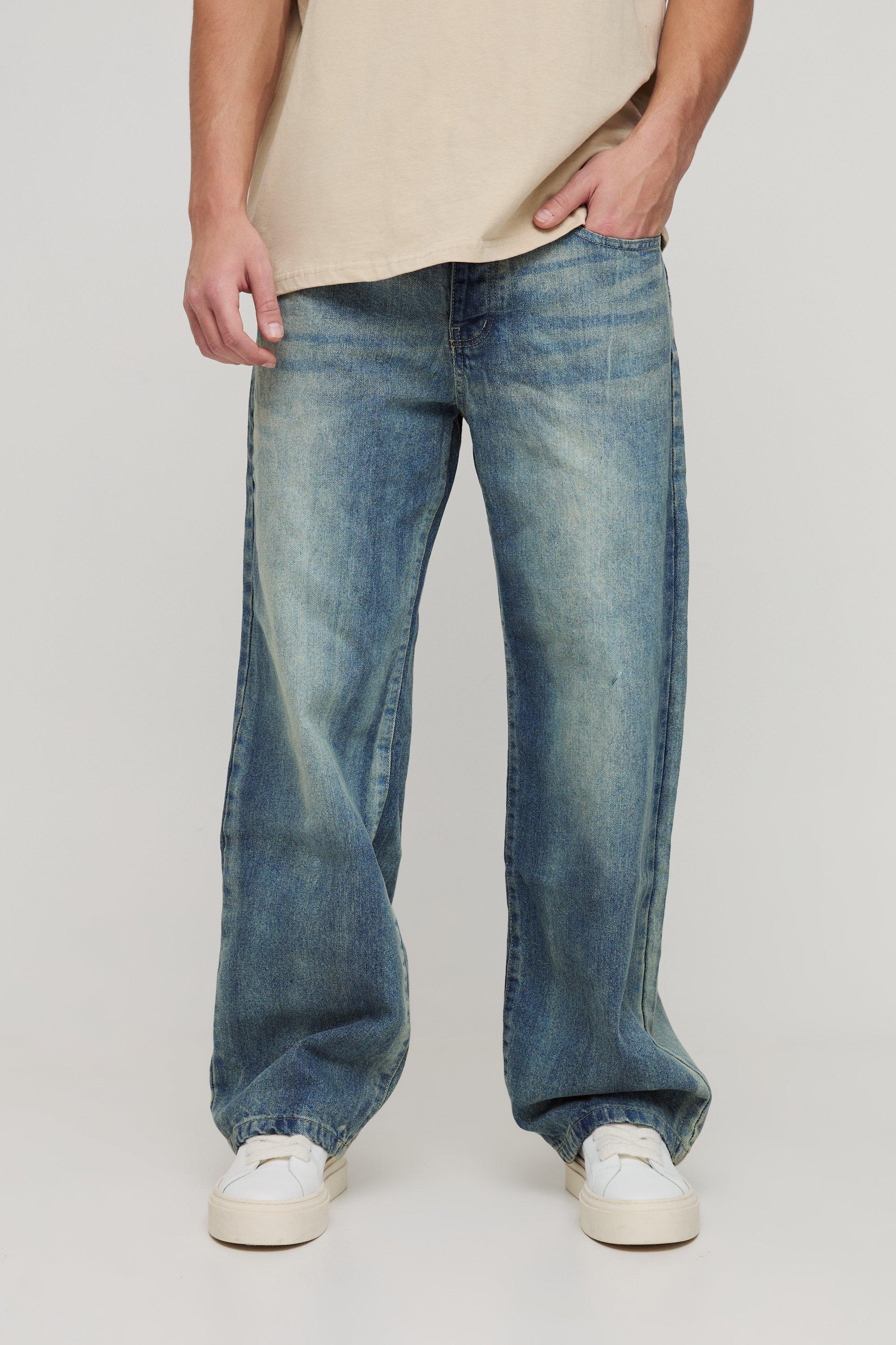 Mens Blue Baggy Rigid Washed Jeans, Blue