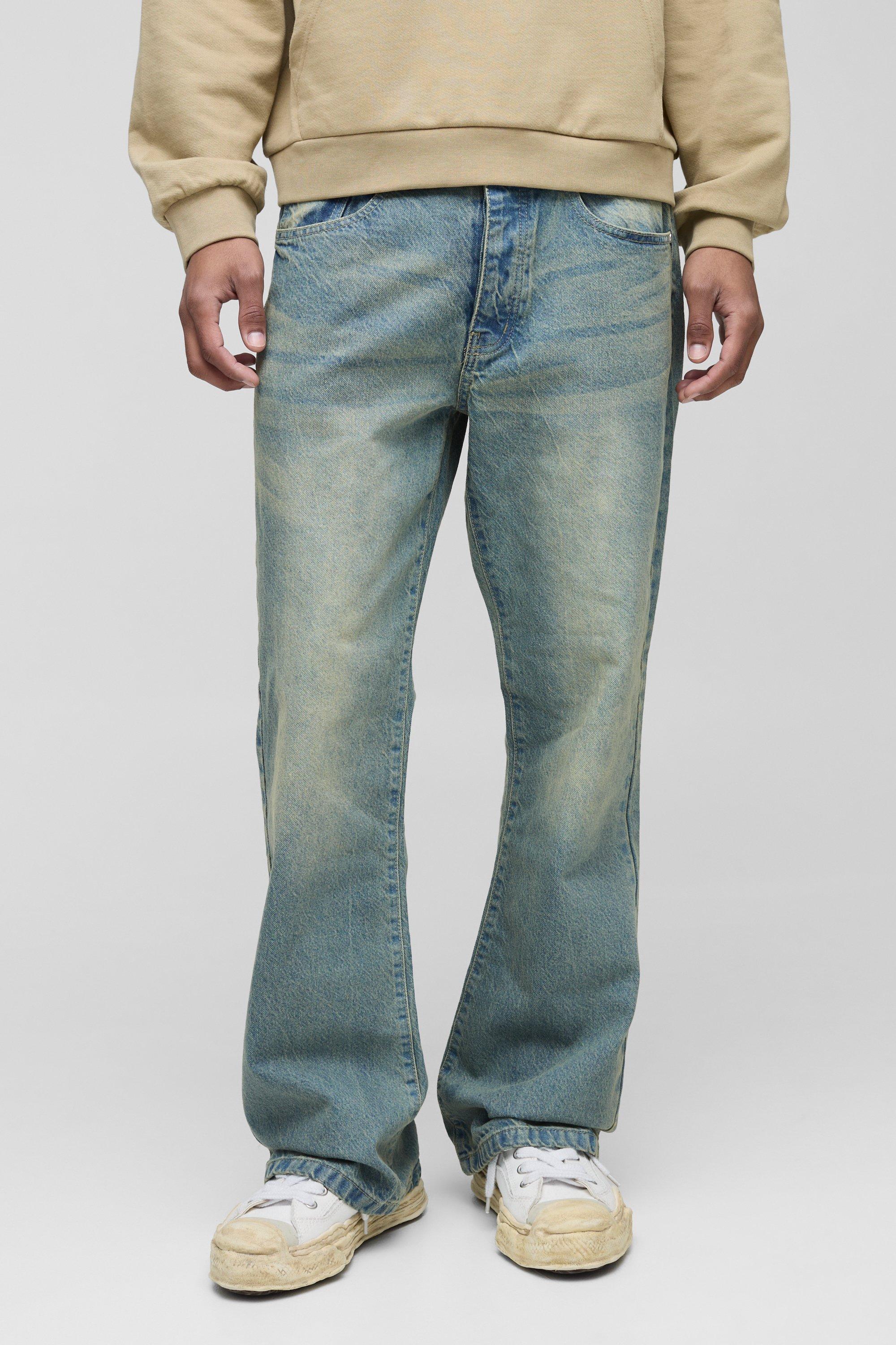 Mens Blue Relaxed Flared Rigid Washed Jeans, Blue