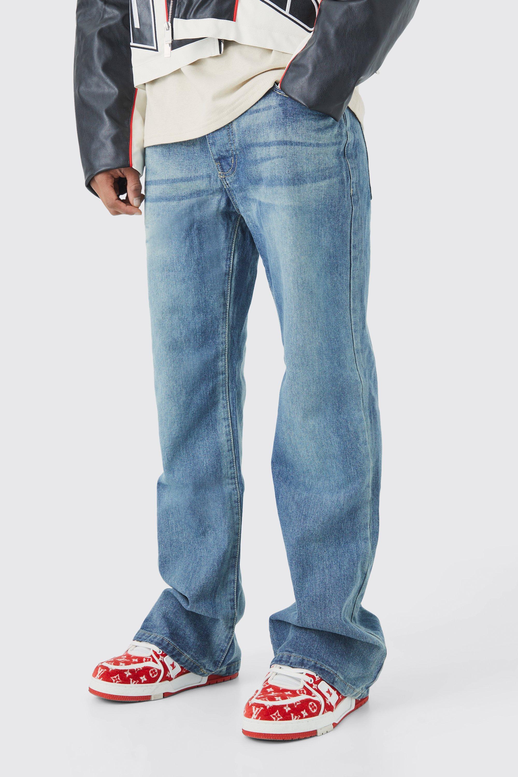 Image of Jeans a zampa rilassati in denim rigido, Azzurro