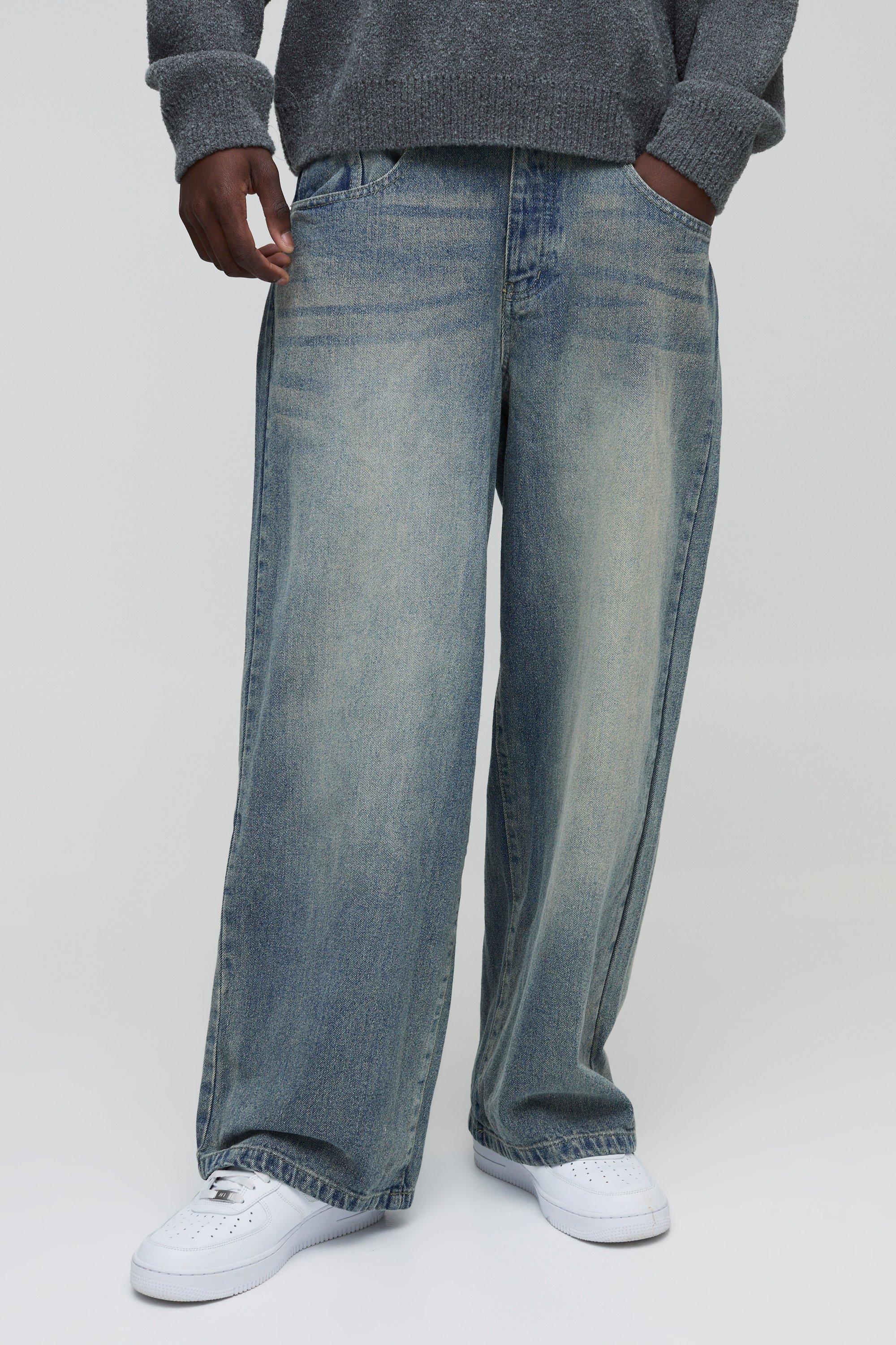 Mens Blue Baggy Rigid Washed Jeans, Blue