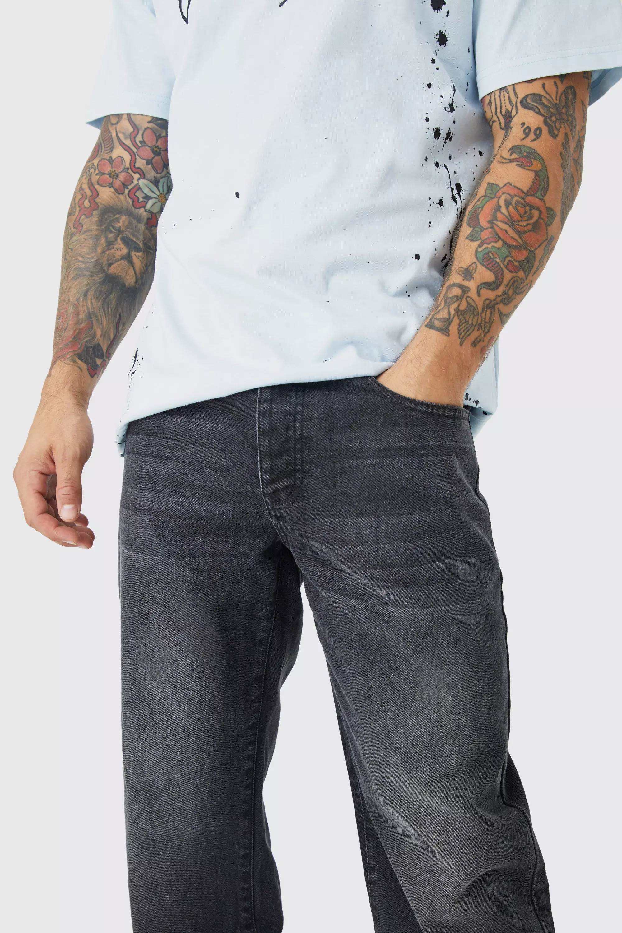 boohooMAN Men's Relaxed Rigid Shine Monogram Jeans