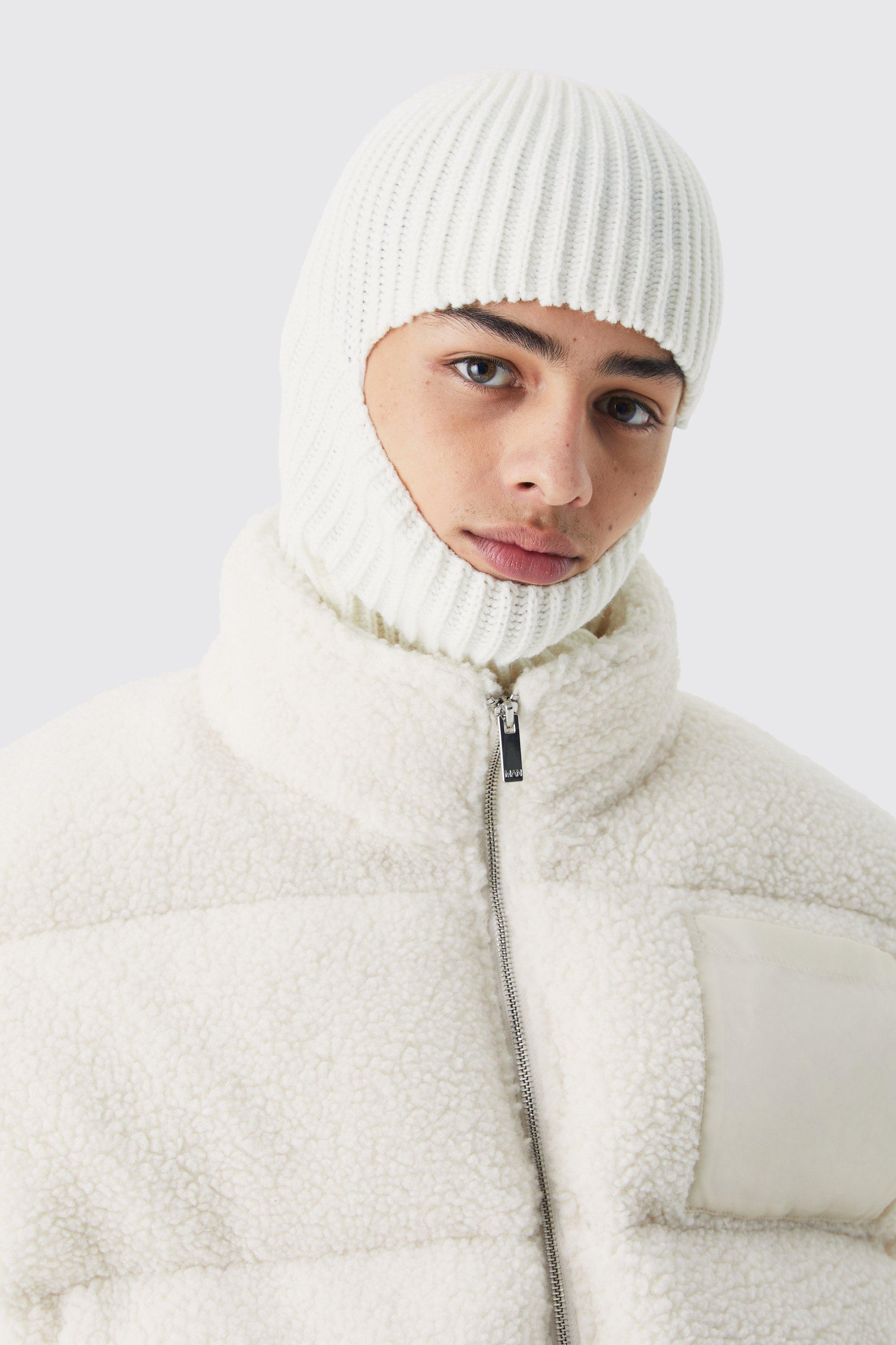 Mens Cream Contrast Rib Knitted Hood, Cream