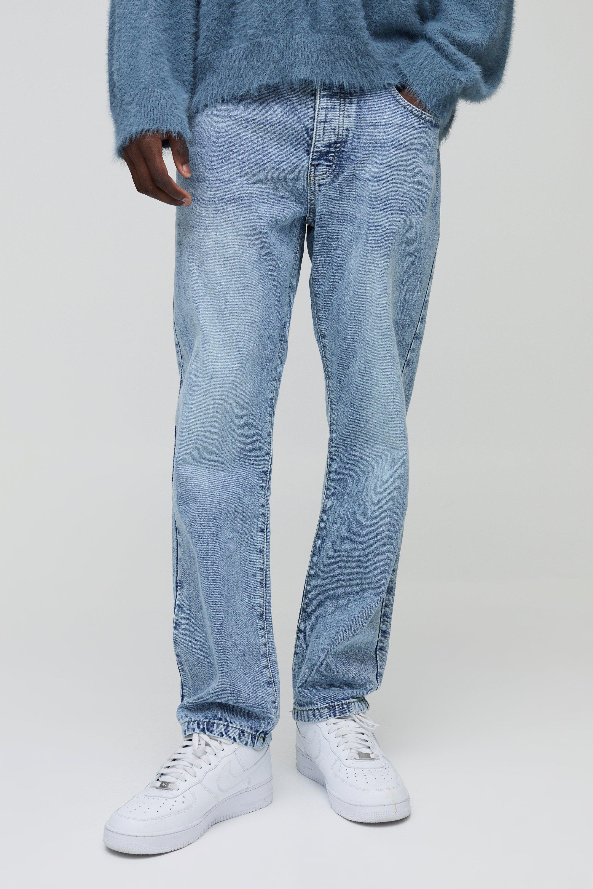 Mens Blue Straight Rigid Washed Jeans, Blue