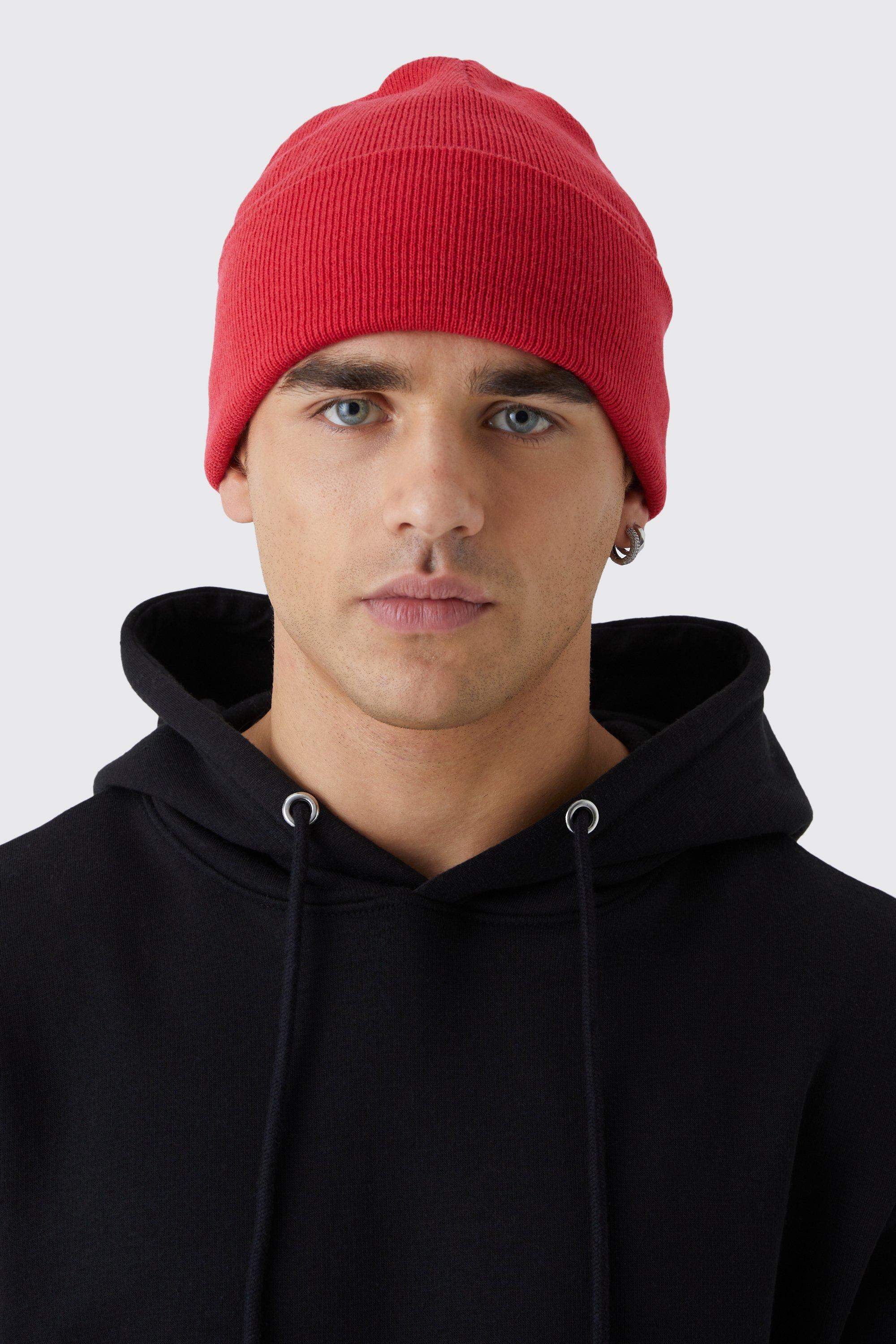 Mens Red Flat Knit Classic Beanie, Red