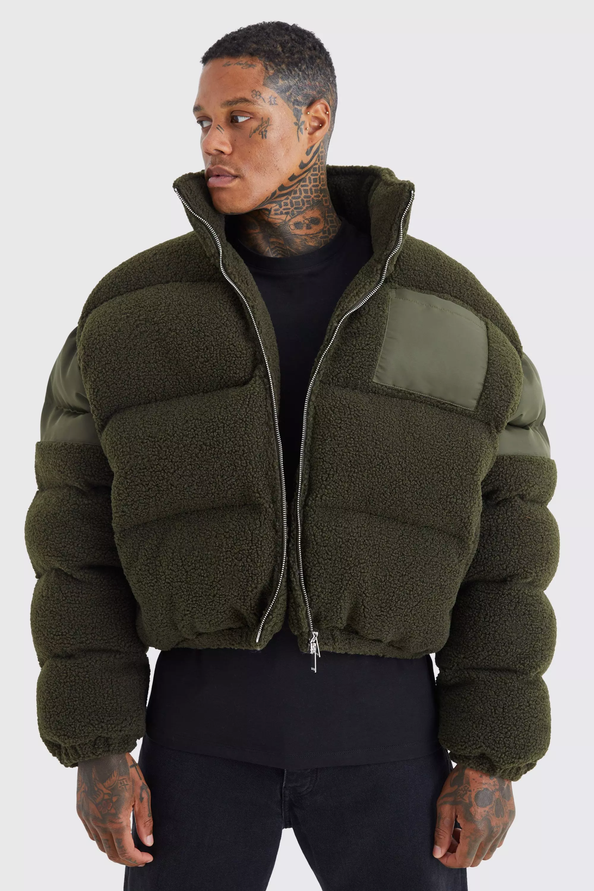 Borg & Nylon Funnel Neck Puffer | boohooMAN USA