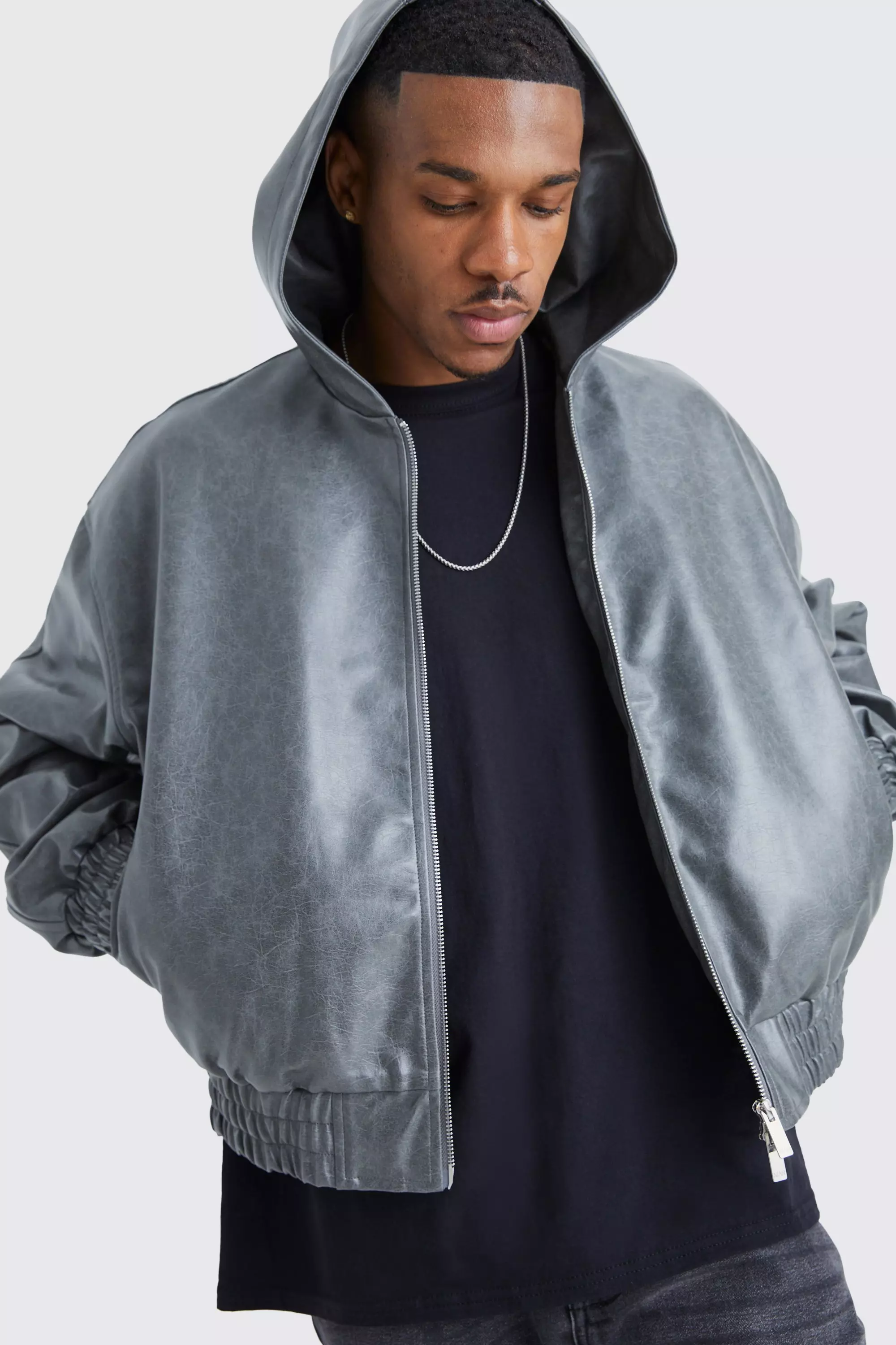 Mens pu hooded on sale jacket