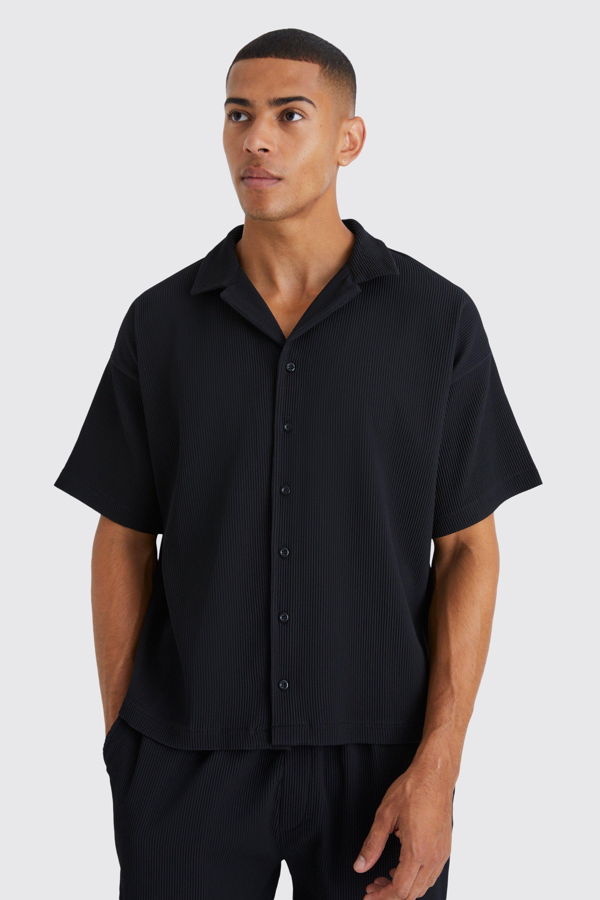 Mens Black Short Sleeve Boxy Pleated Shirt, Black