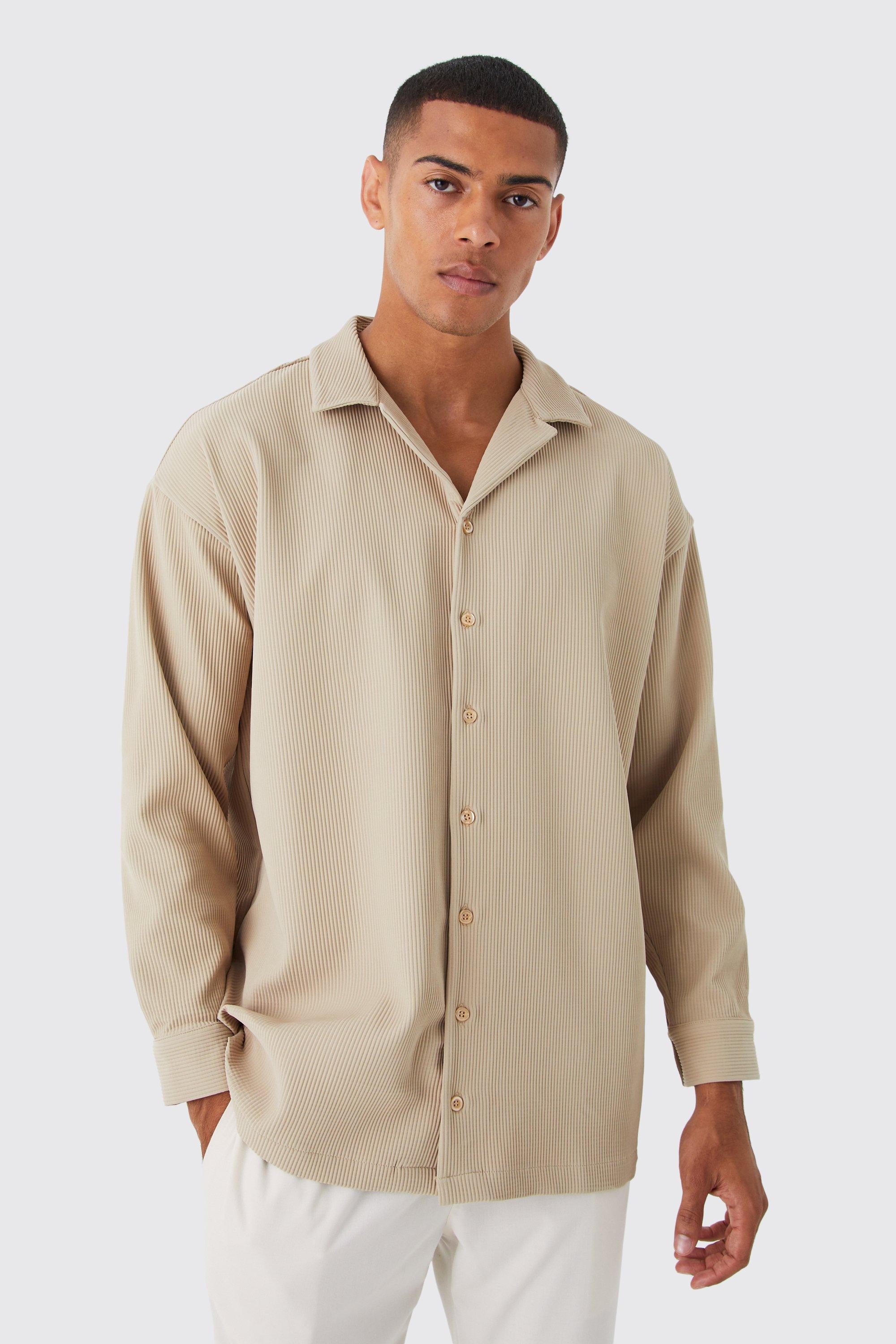 Mens Beige Long Sleeve Pleated Oversized Shirt, Beige