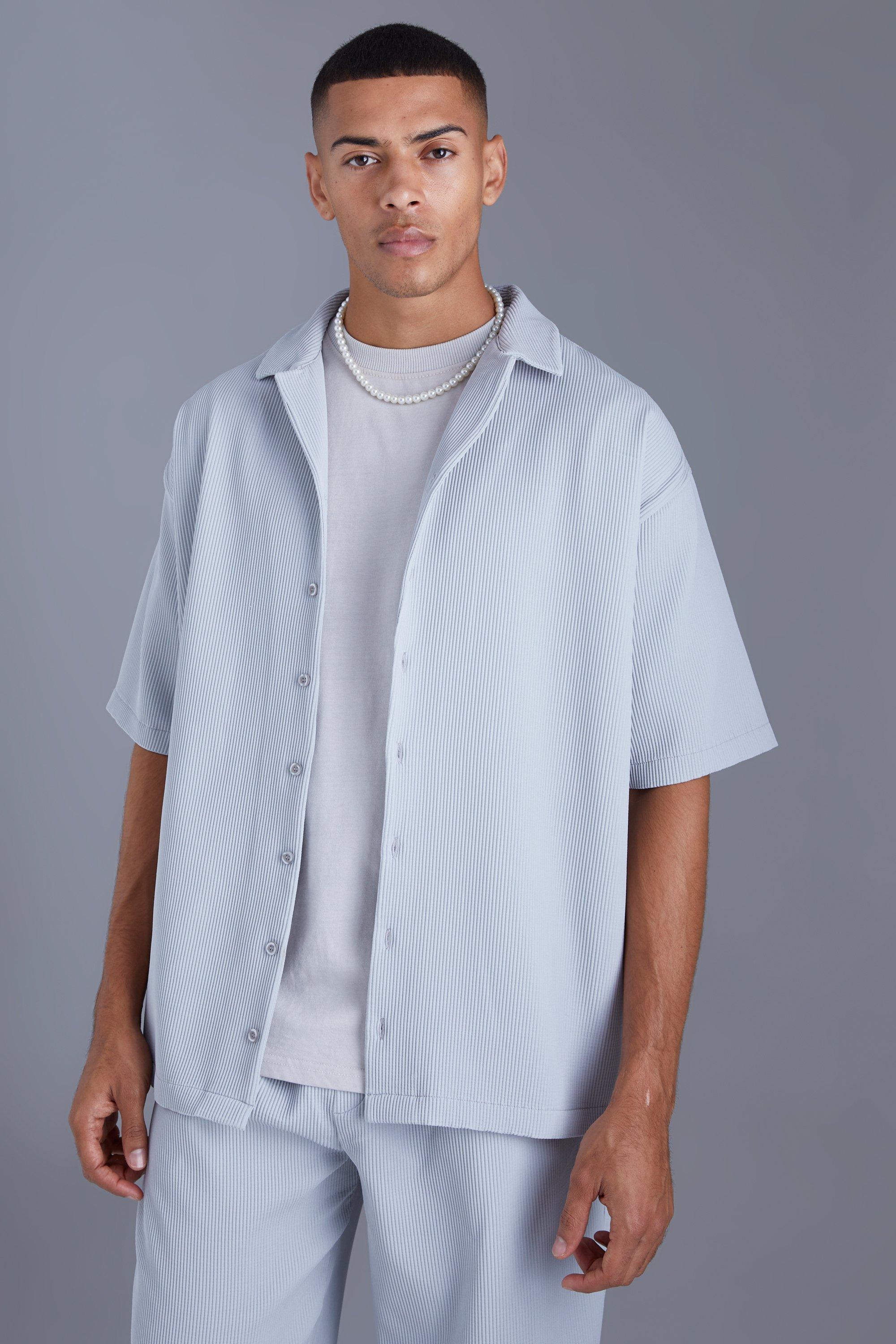 Mens Grey Short Sleeve Pleated Oversized Shirt, Grey