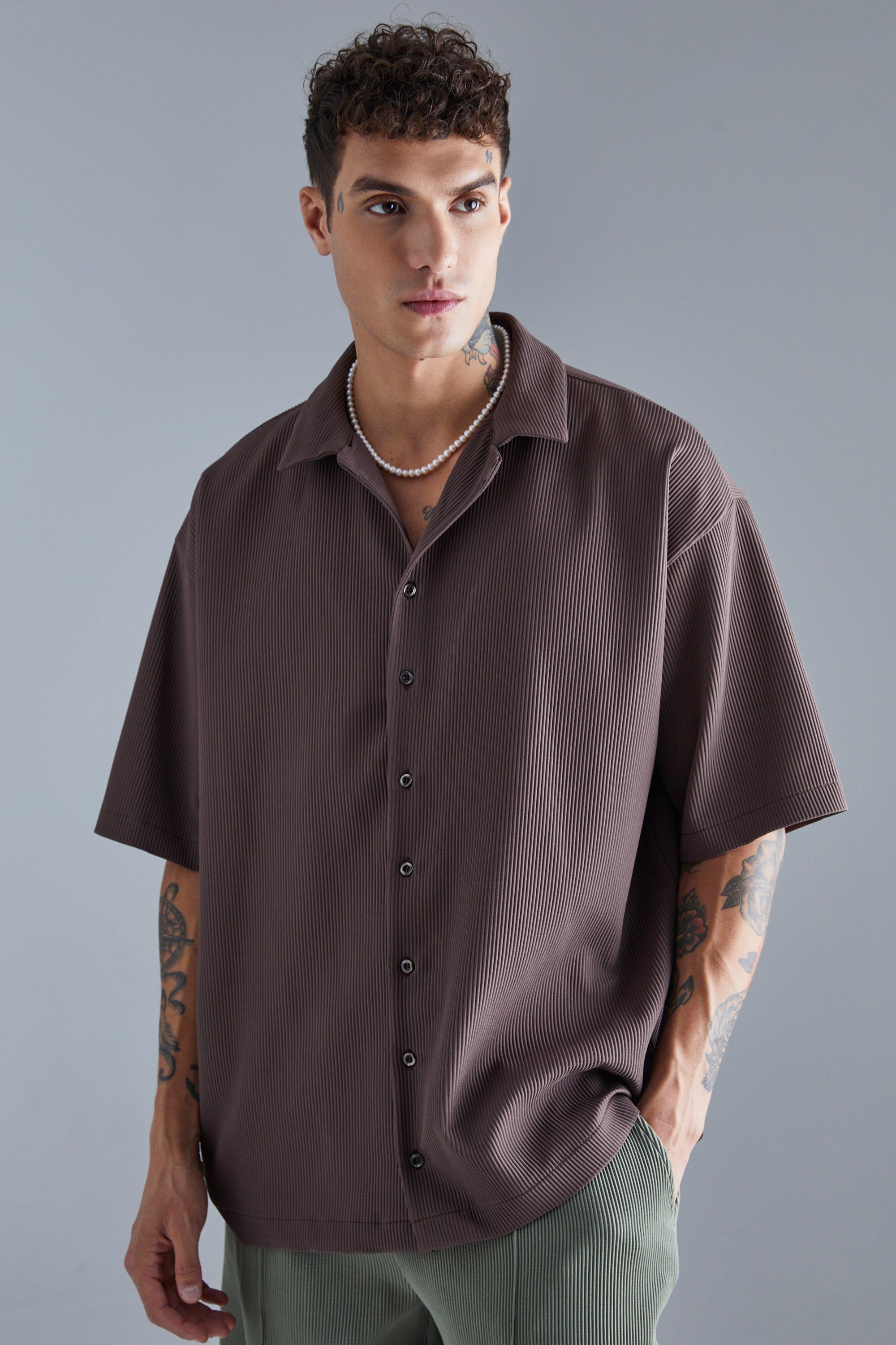 Mens Brown Short Sleeve Pleated Oversized Shirt, Brown
