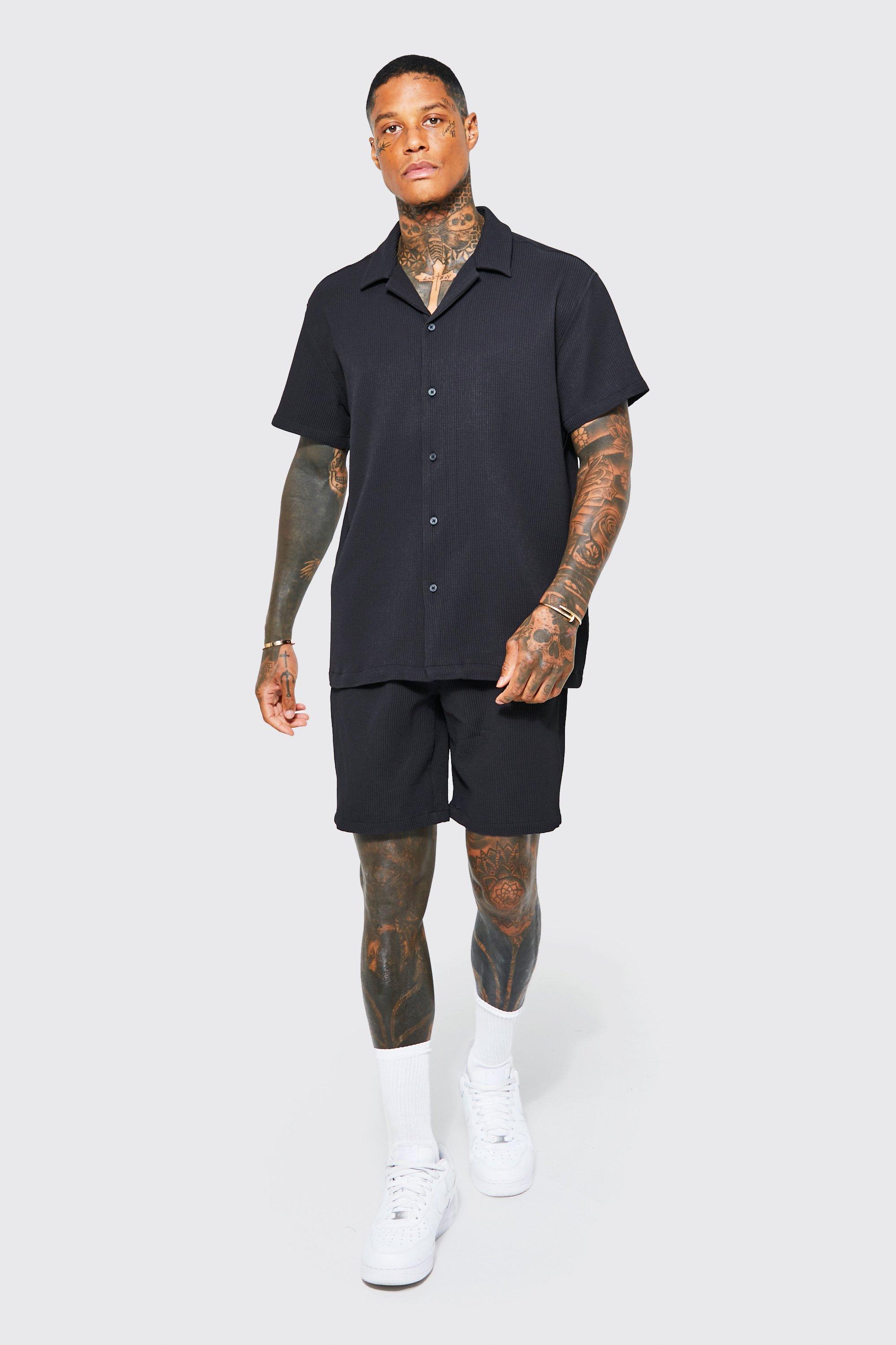 Mens Black Oversized Short Sleeve Pleated Shirt And Short, Black