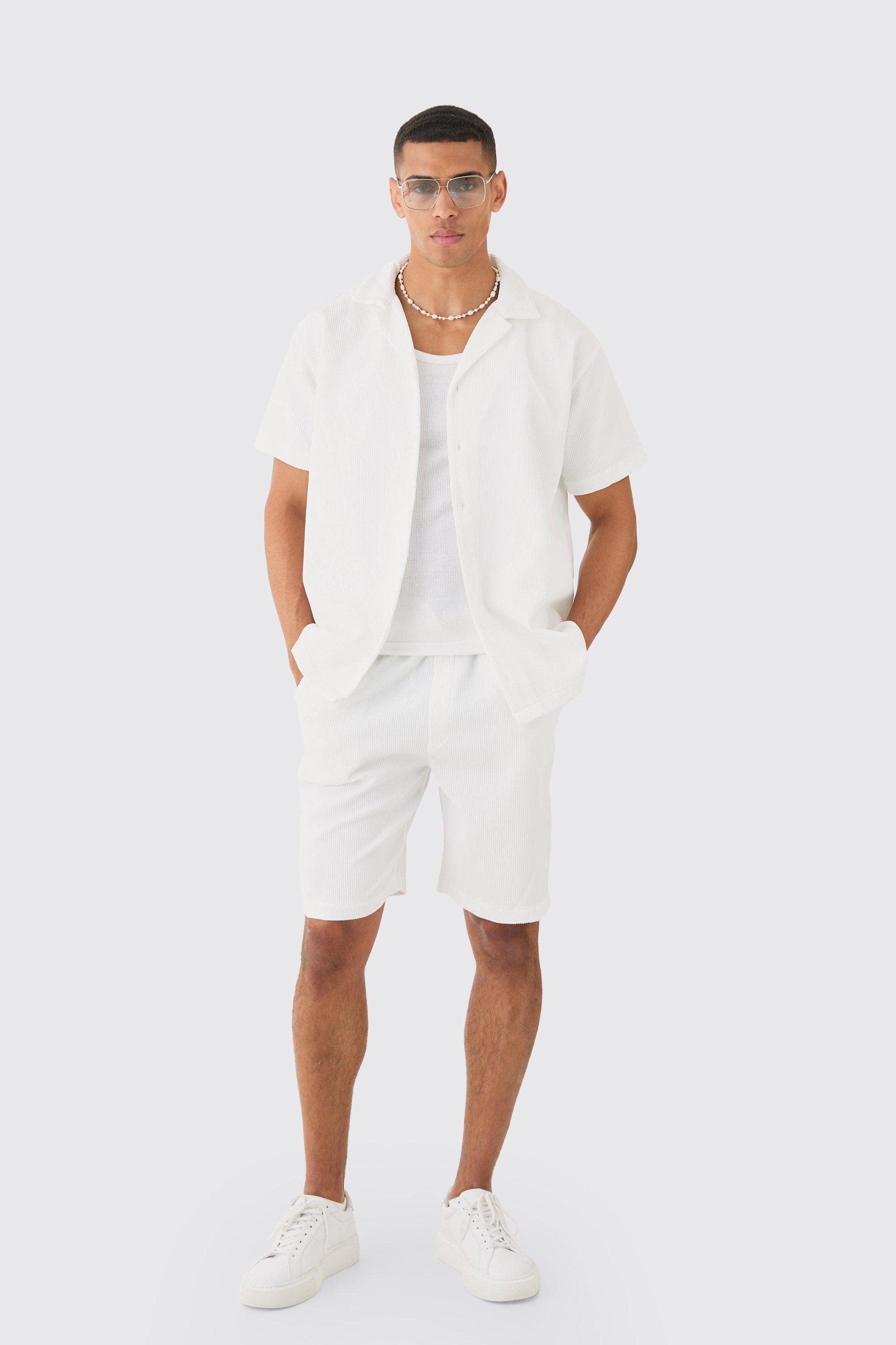Mens White Oversized Short Sleeve Pleated Shirt And Short, White