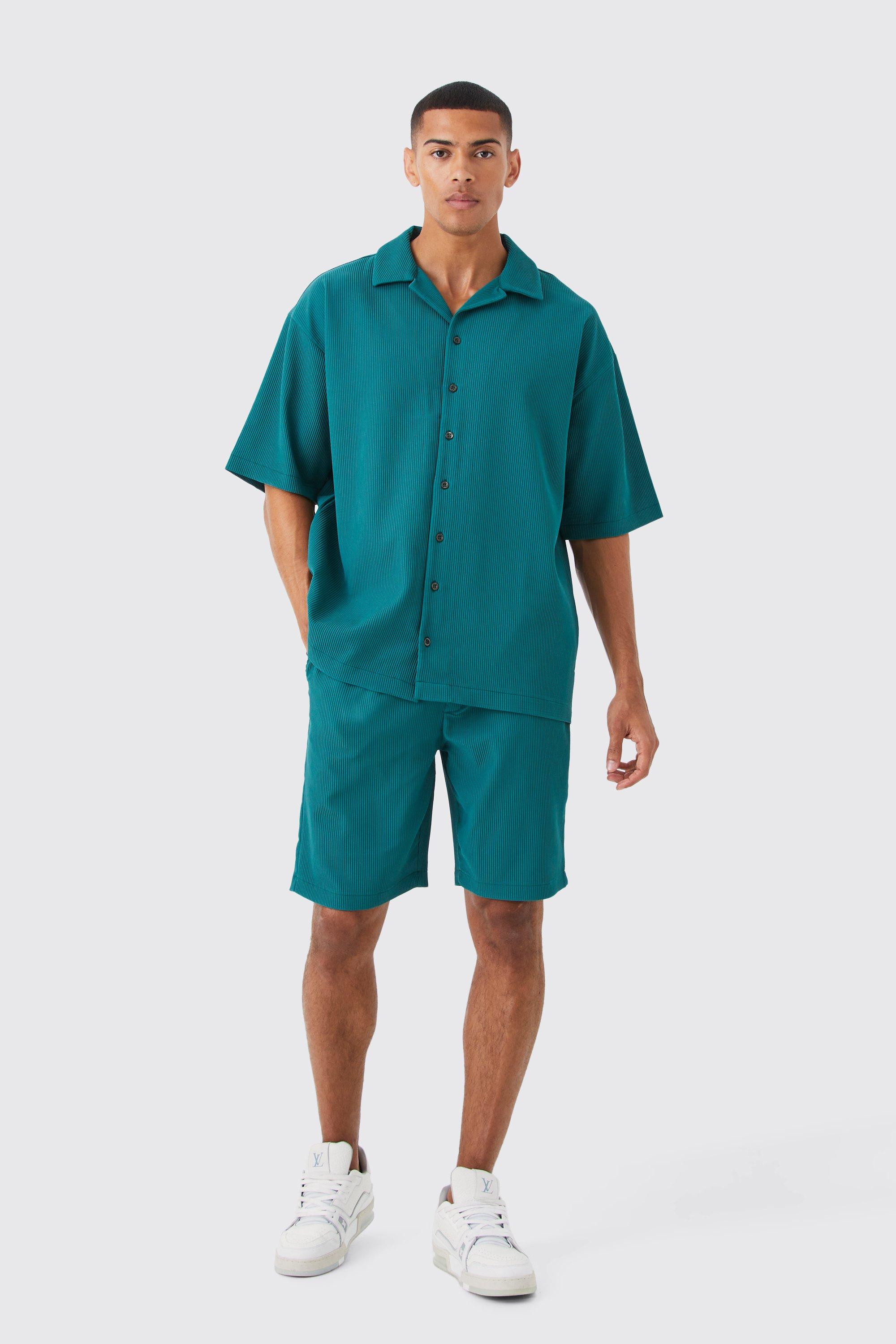 Mens Green Short Sleeve Oversized Pleated Shirt & Short Set, Green