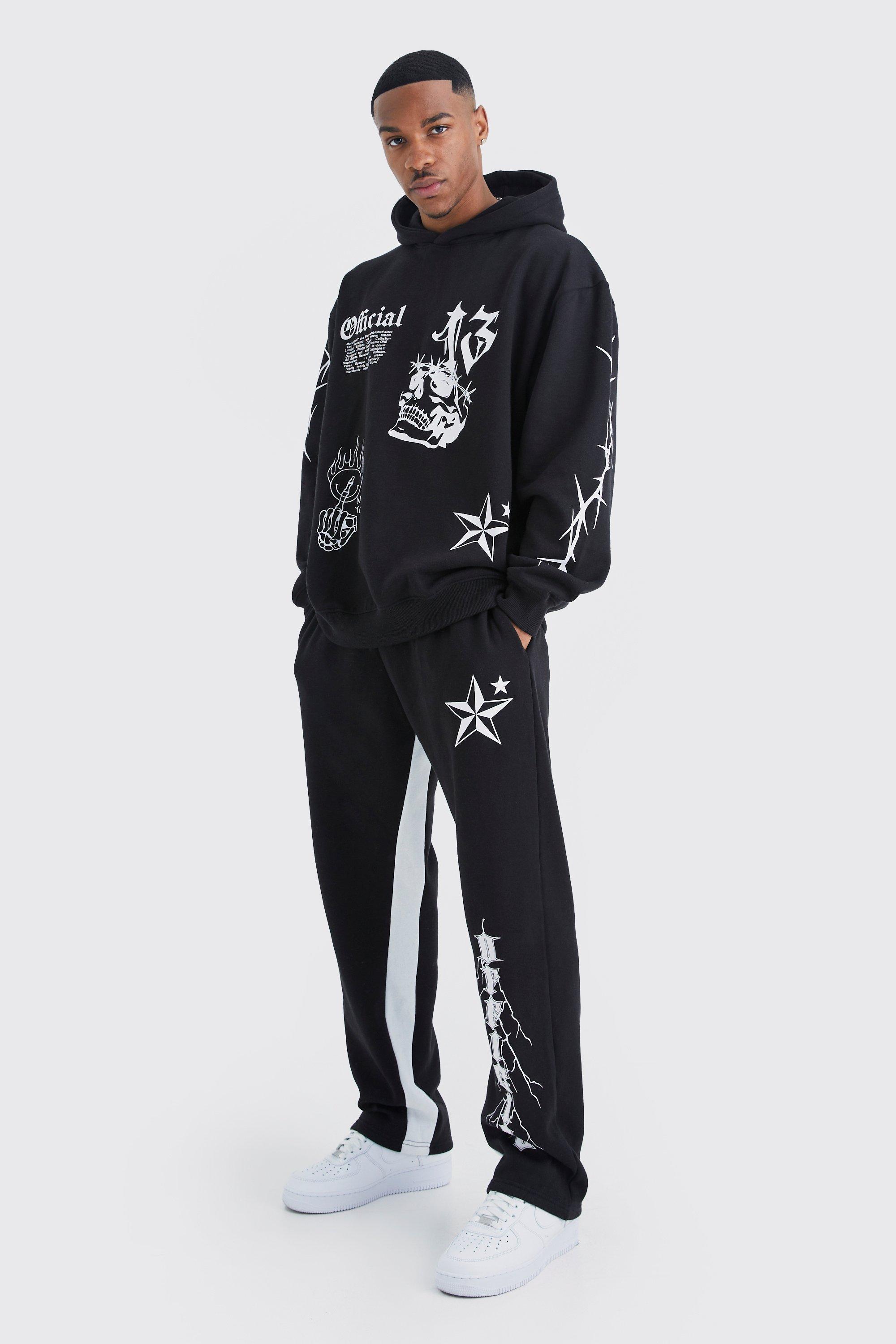 Mens Black Oversized Graffiti Gusset Hooded Tracksuit, Black