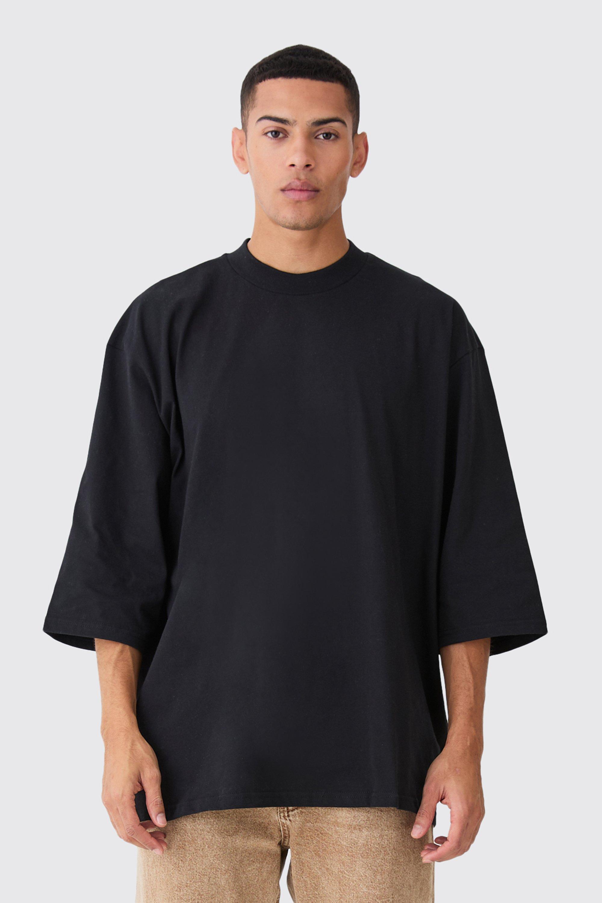 Mens Black Extreme Oversized Extended Neck Heavy Weight T-shirt, Black