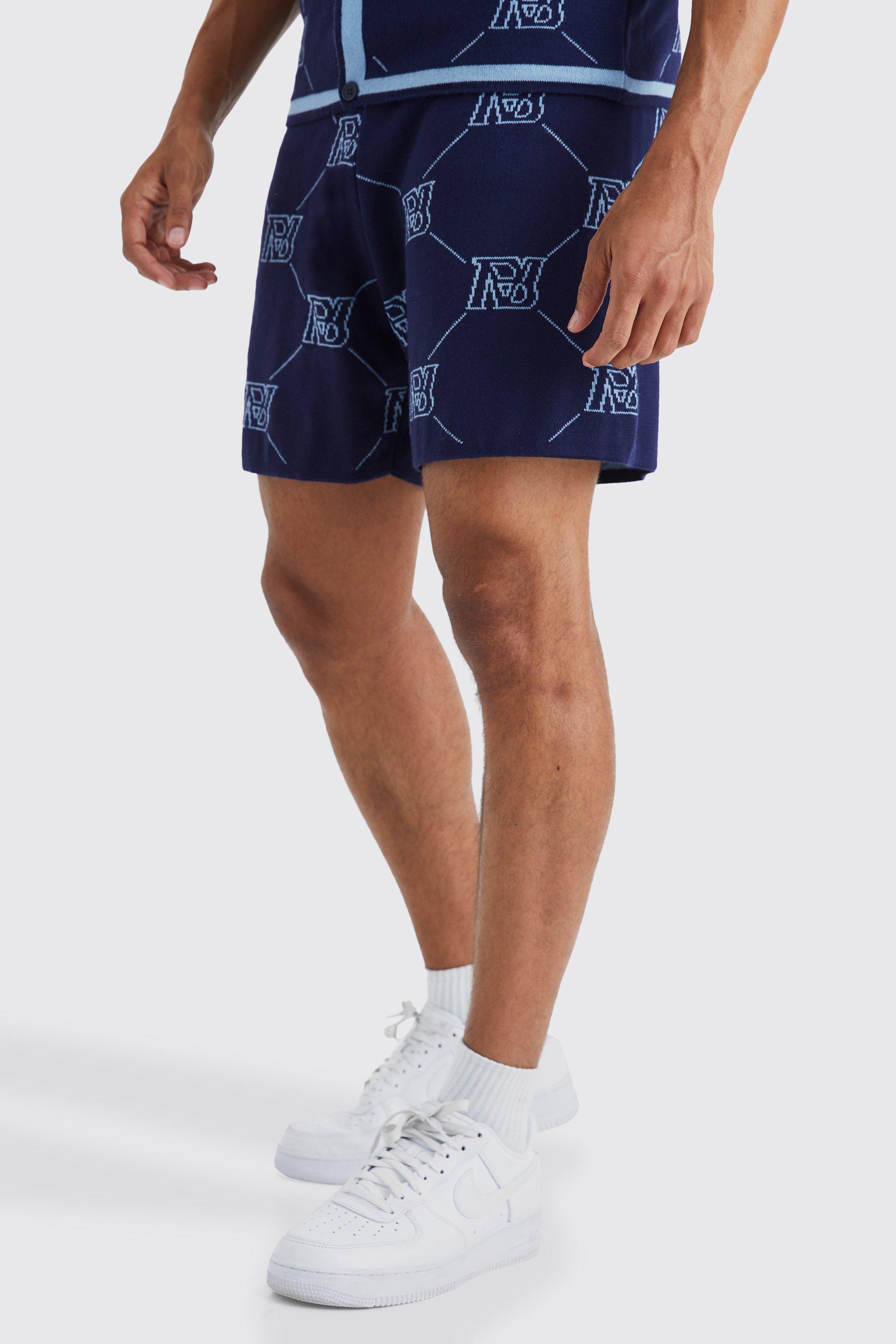 Mens Navy Monogram Knitted Relaxed Shorts, Navy