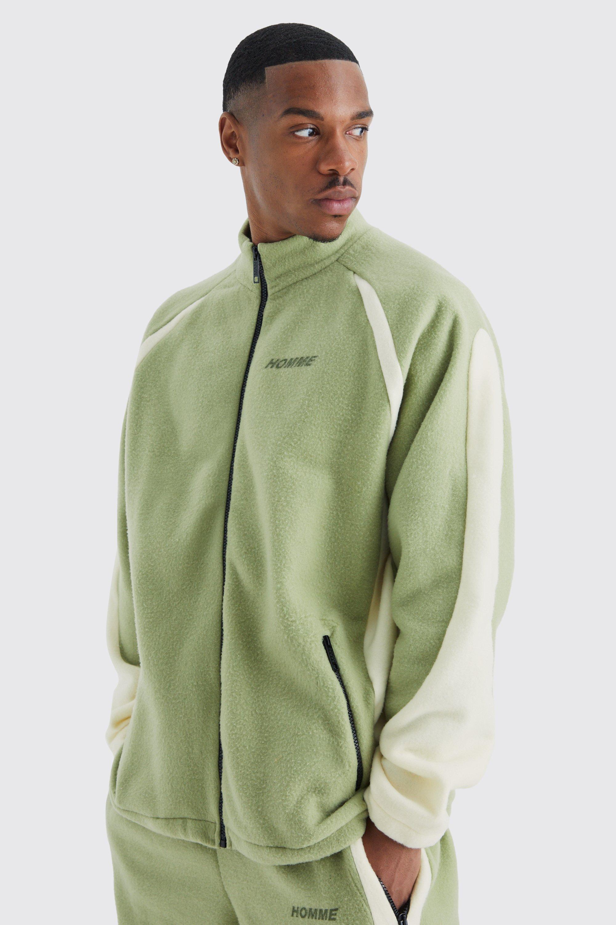 Mens Green Oversized Colour Block Polar Fleece Track Top, Green