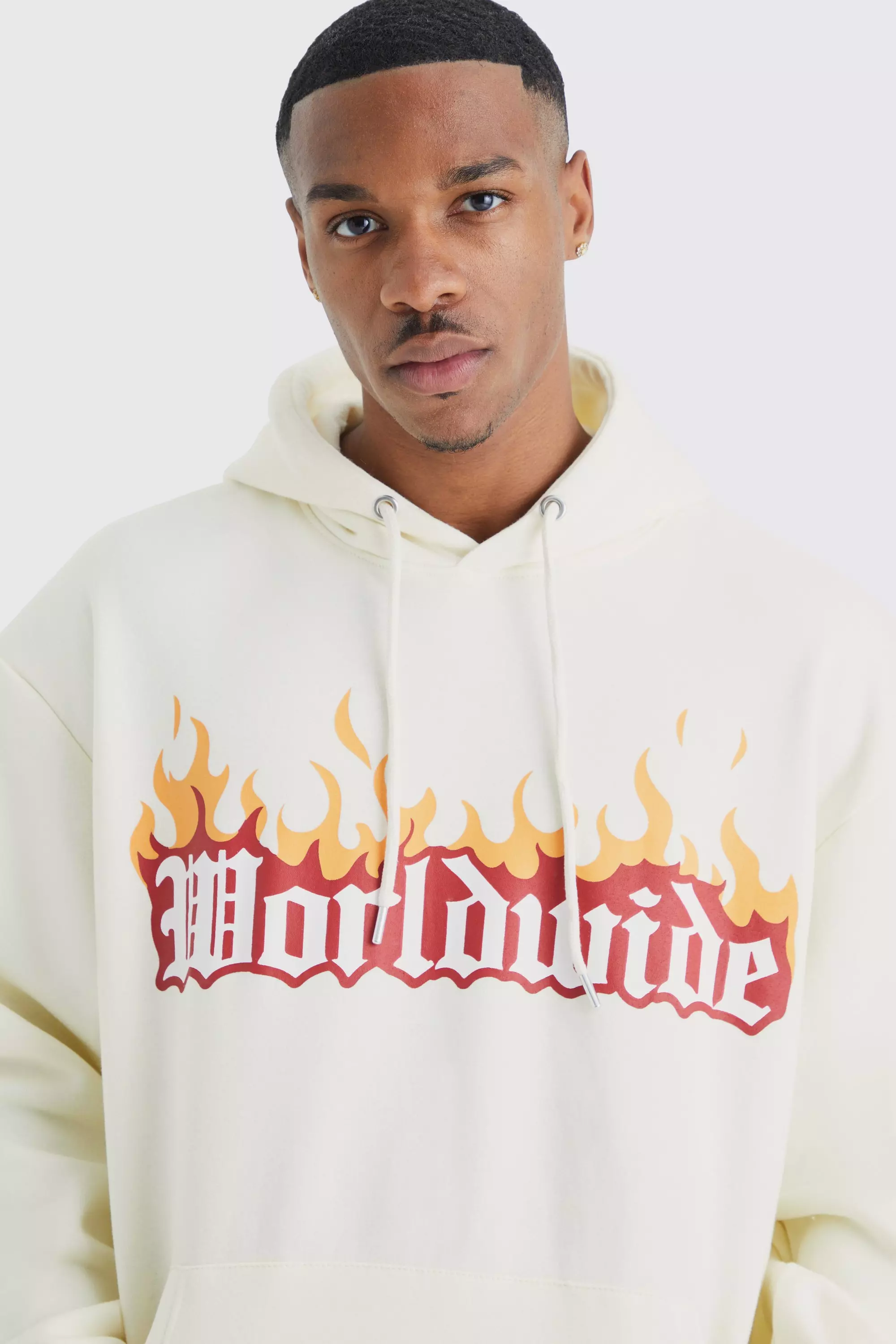 Oversized Worldwide Flames Graphic Hoodie boohooMAN USA