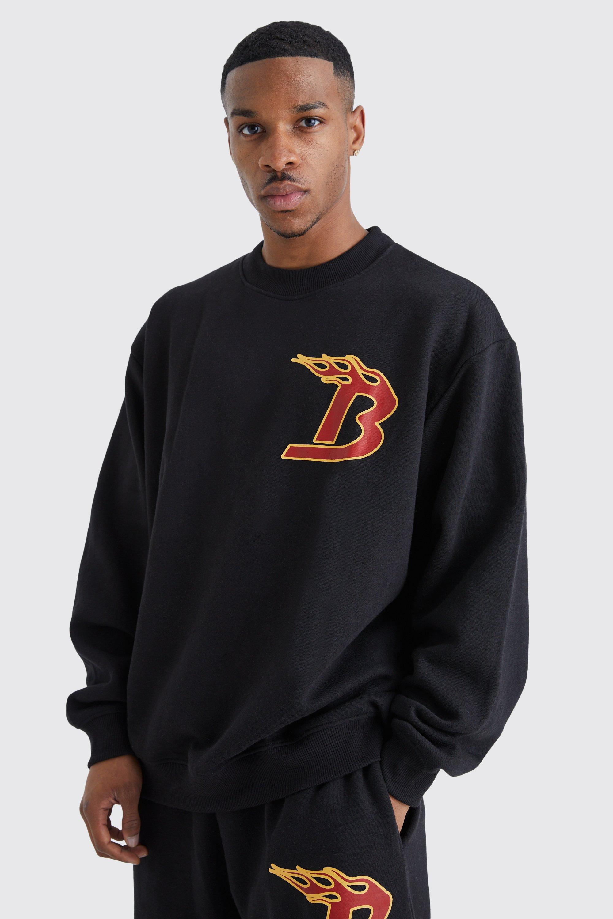 Mens Black Oversized Extended Neck Flames Sweatshirt, Black