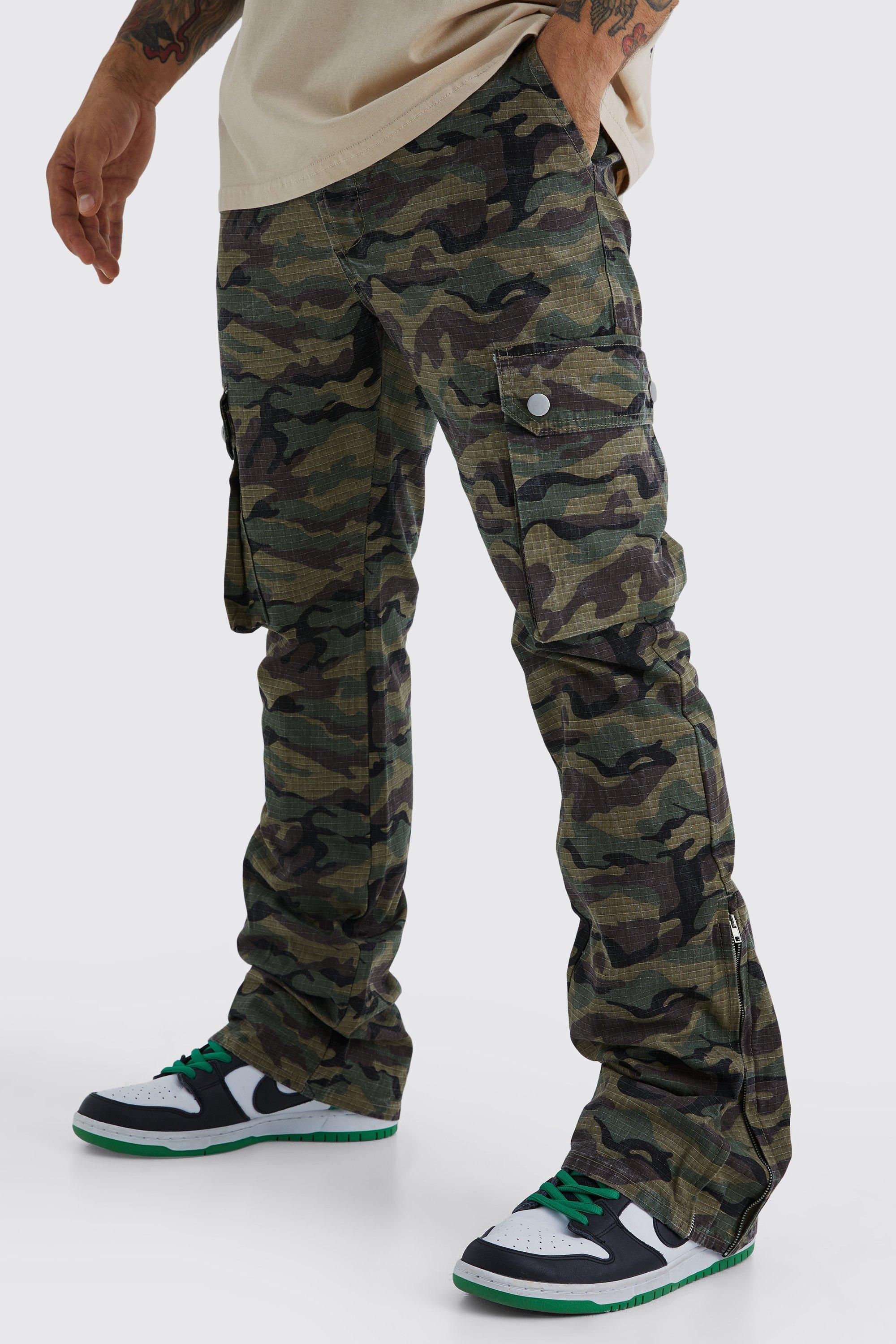 Mens Green Slim Stacked Zip Gusset Cargo Camo Ripstop Trouser, Green