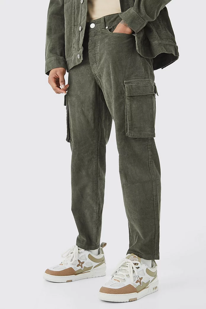 Fixed Waist Relaxed Tapered Cargo Cord Pants | boohooMAN USA