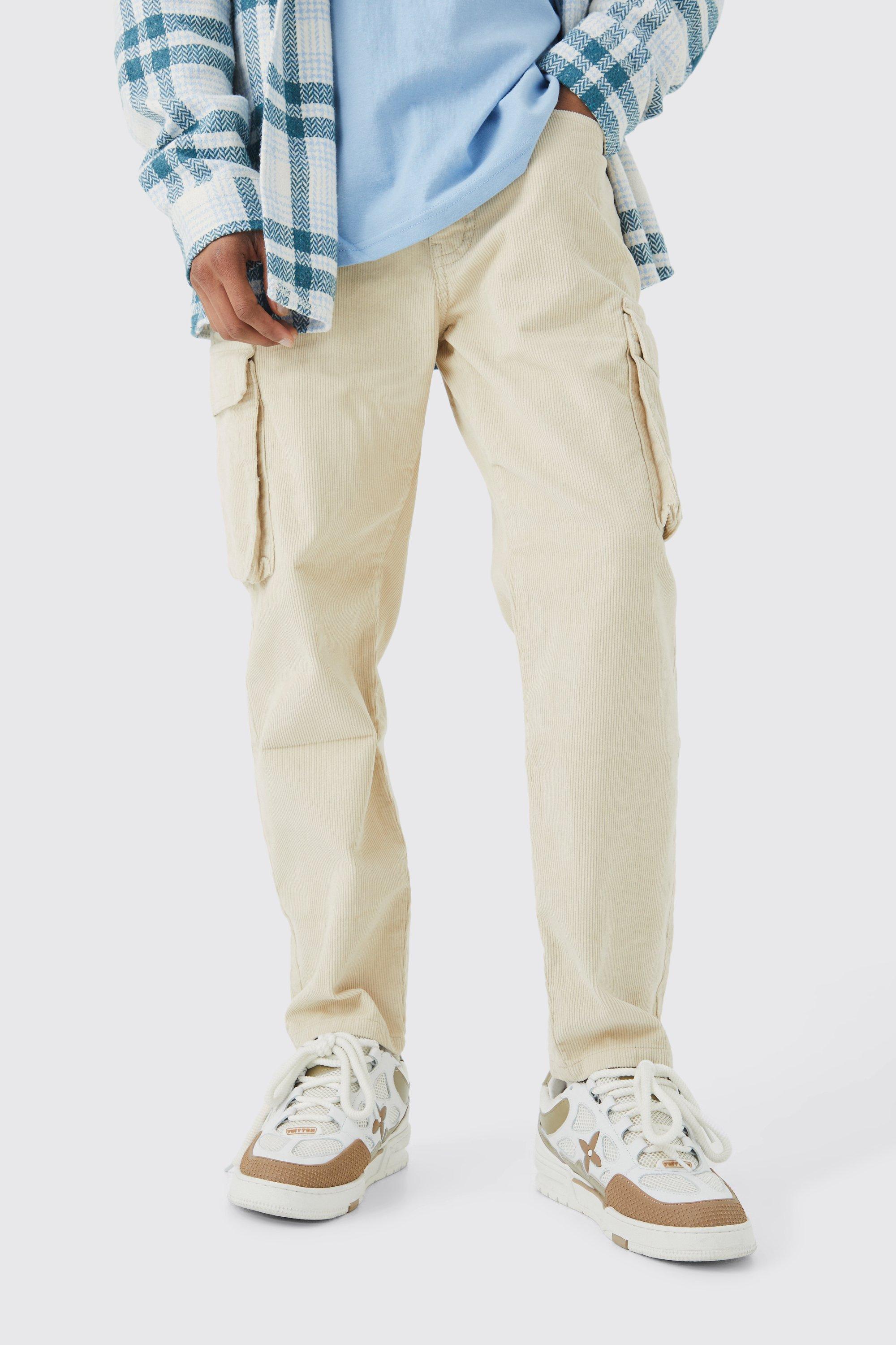 Mens Beige Fixed Waist Relaxed Tapered Cargo Cord Trouser, Beige