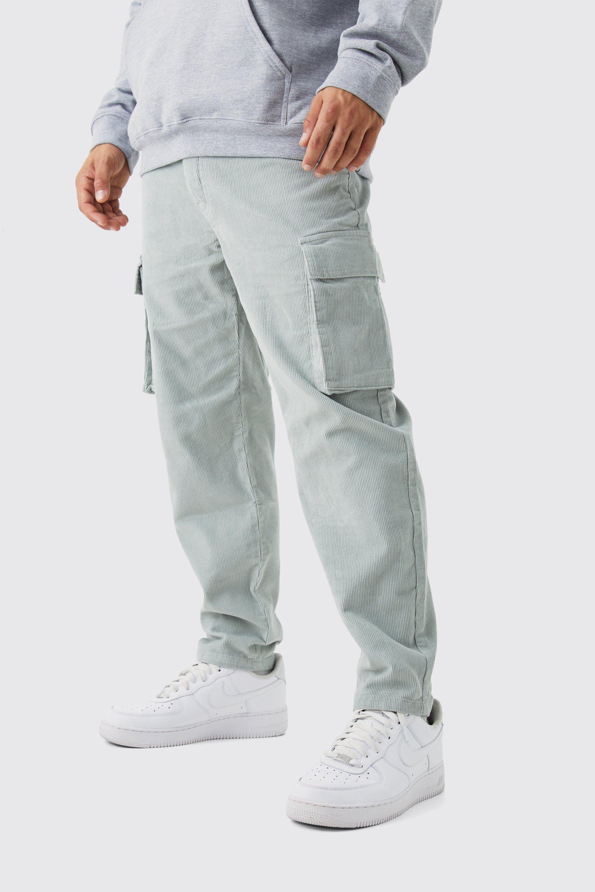 Mens Green Fixed Waist Relaxed Tapered Cargo Cord Trouser, Green