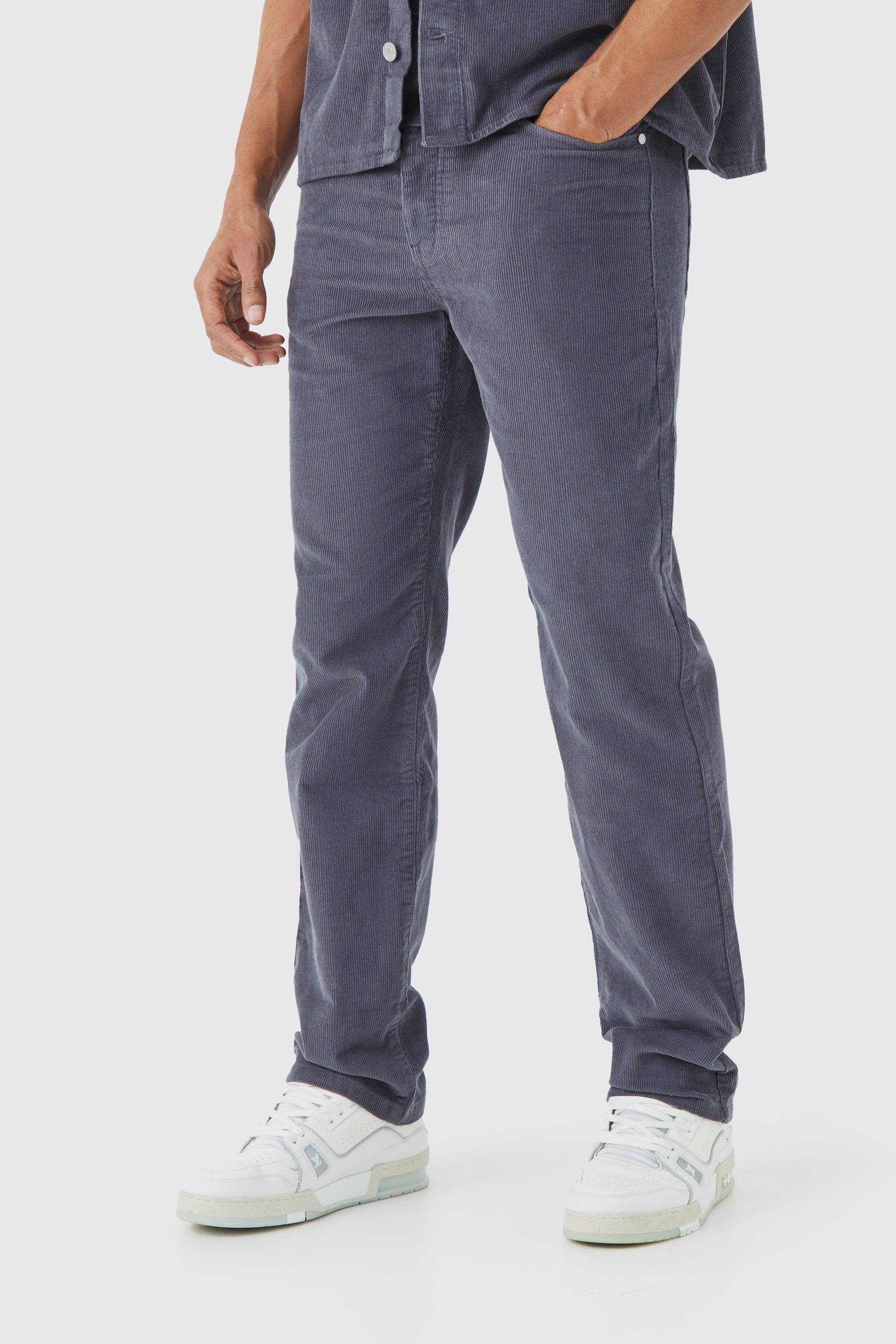 Mens Grey Fixed Waist Relaxed Corduroy Trouser, Grey