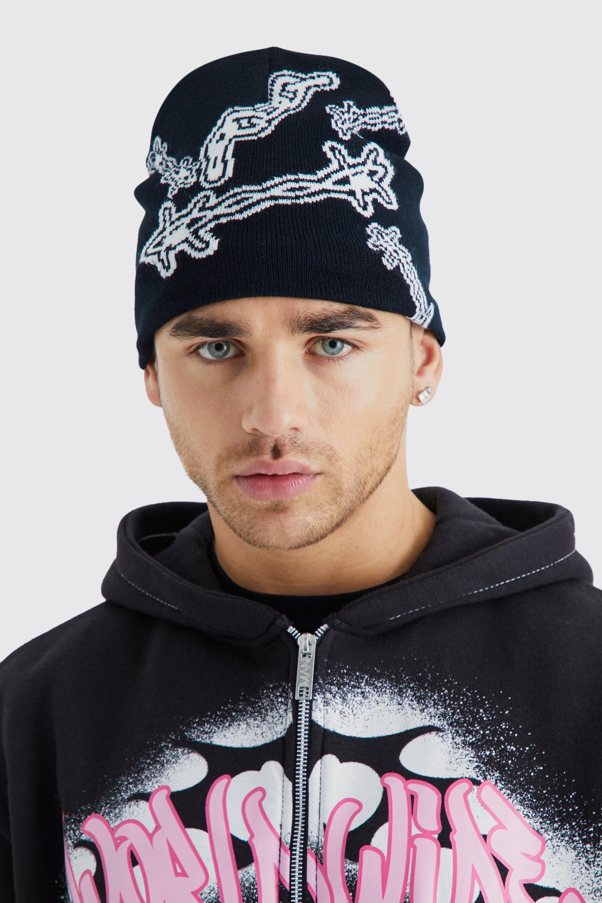 Berretto Beanie in jacquard di filo spinato, Nero